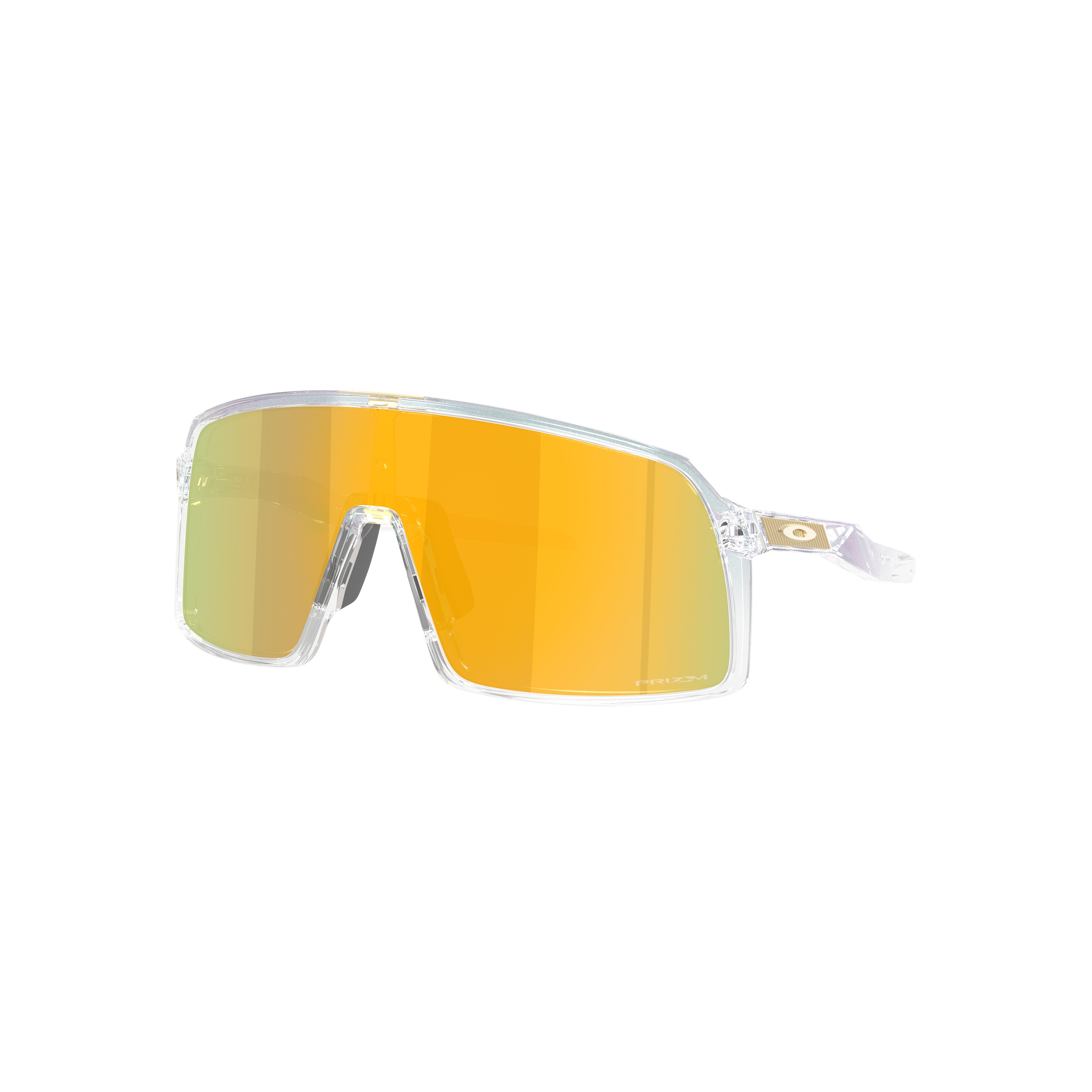 Oakley Sutro sunglasses in Pacific/24k feature a clear frame, a single large Prizm 24k orange-tinted lens, a straight brow line, and a small Oakley logo on the temple.
