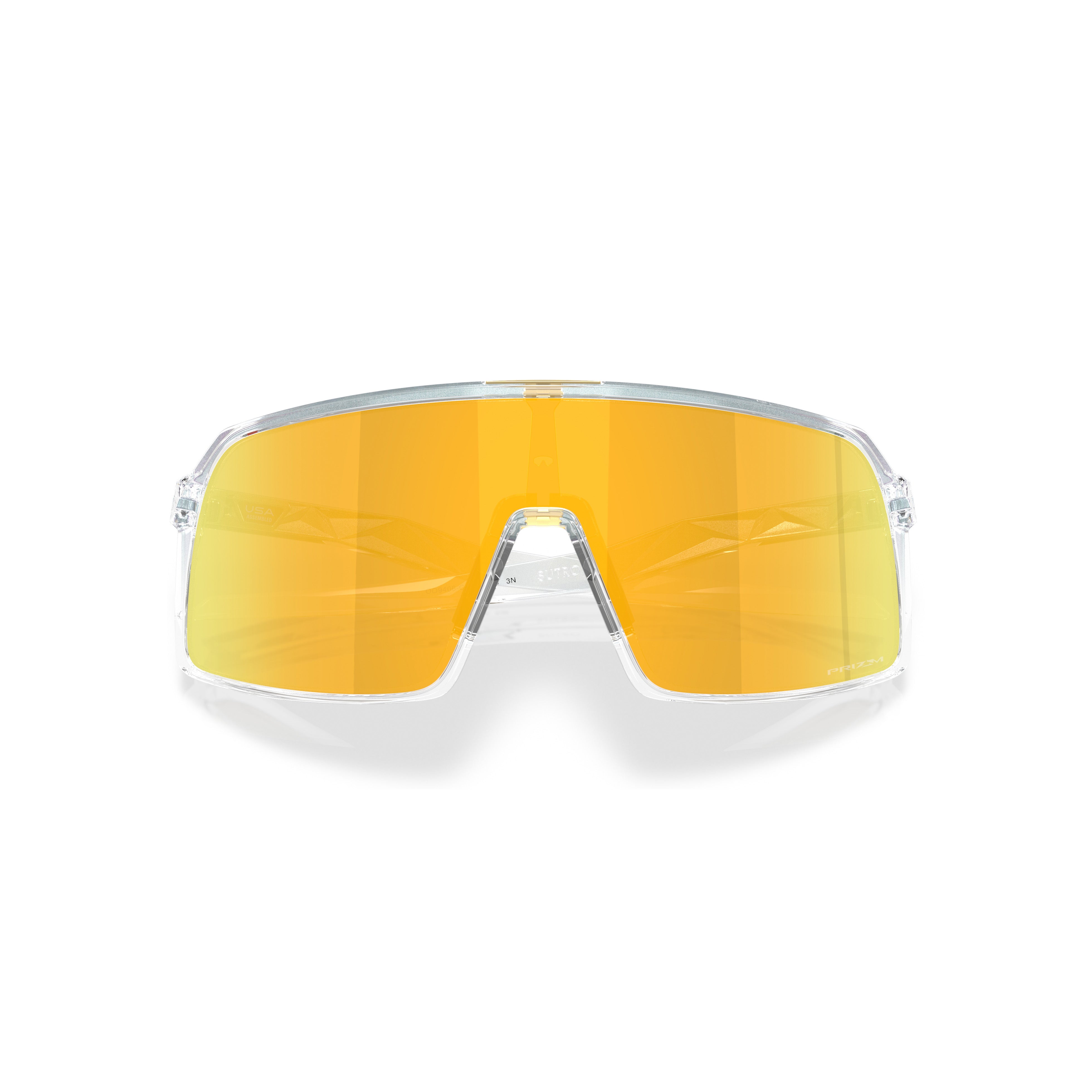 The Oakley Sutro sports sunglasses in Pacific/24k feature a clear frame and large yellow-tinted Prizm 24k mirrored lens, shown against a white background.