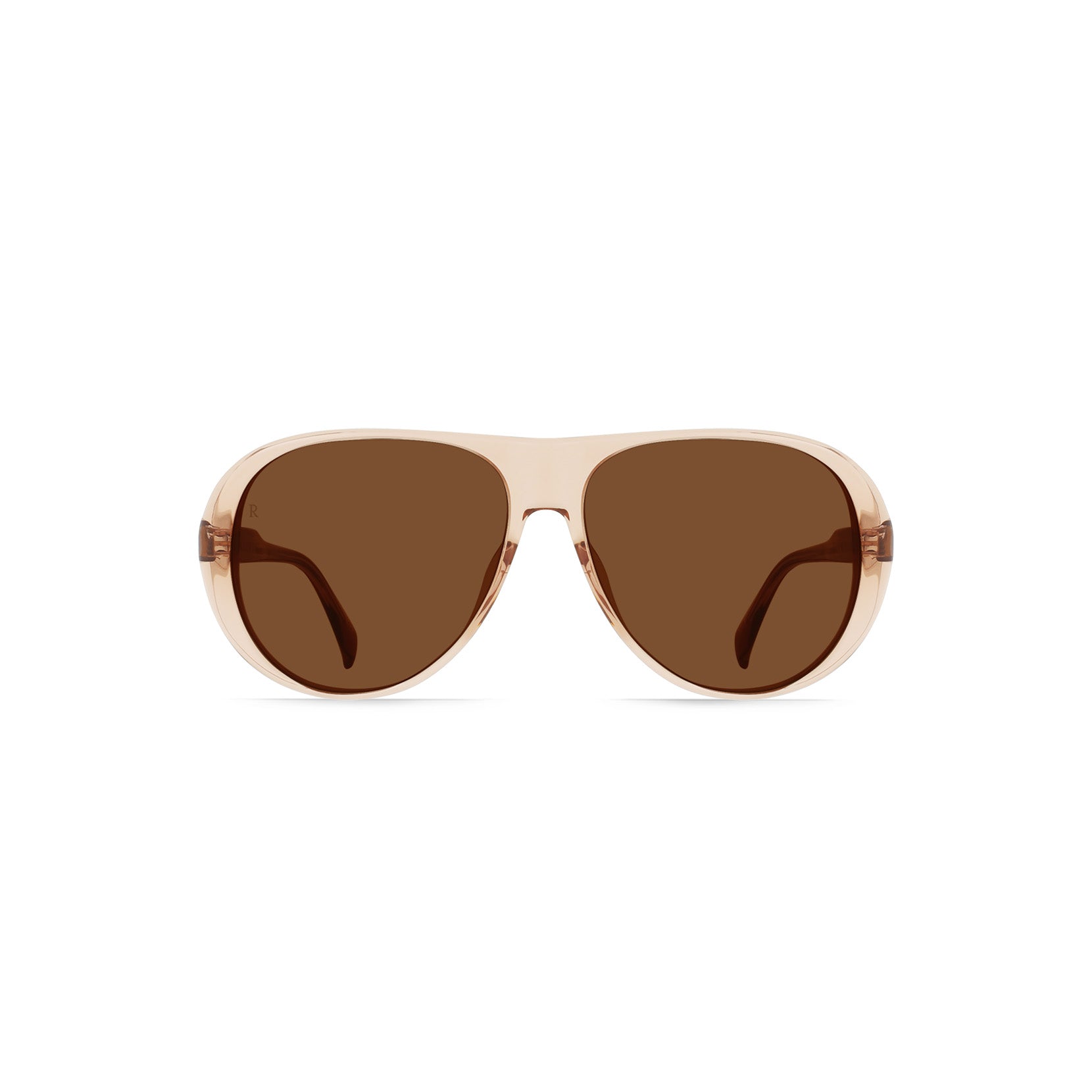 The Raen Optics Jenever, Diamond/Sedona sunglasses feature aviator-style translucent beige frames with brown tinted lenses, displayed against a white background.