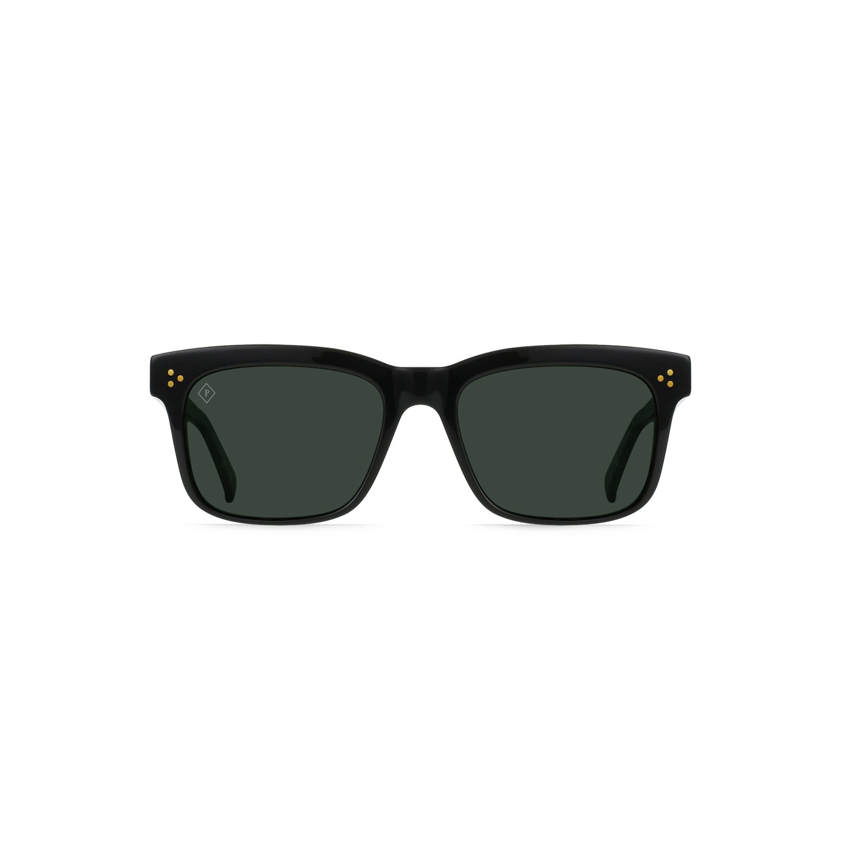Front view of Raen Optics Breven sunglasses in Eclipse with green polarized lenses, featuring a black rectangular frame and small gold dot accents on the upper corners, set against a white background.