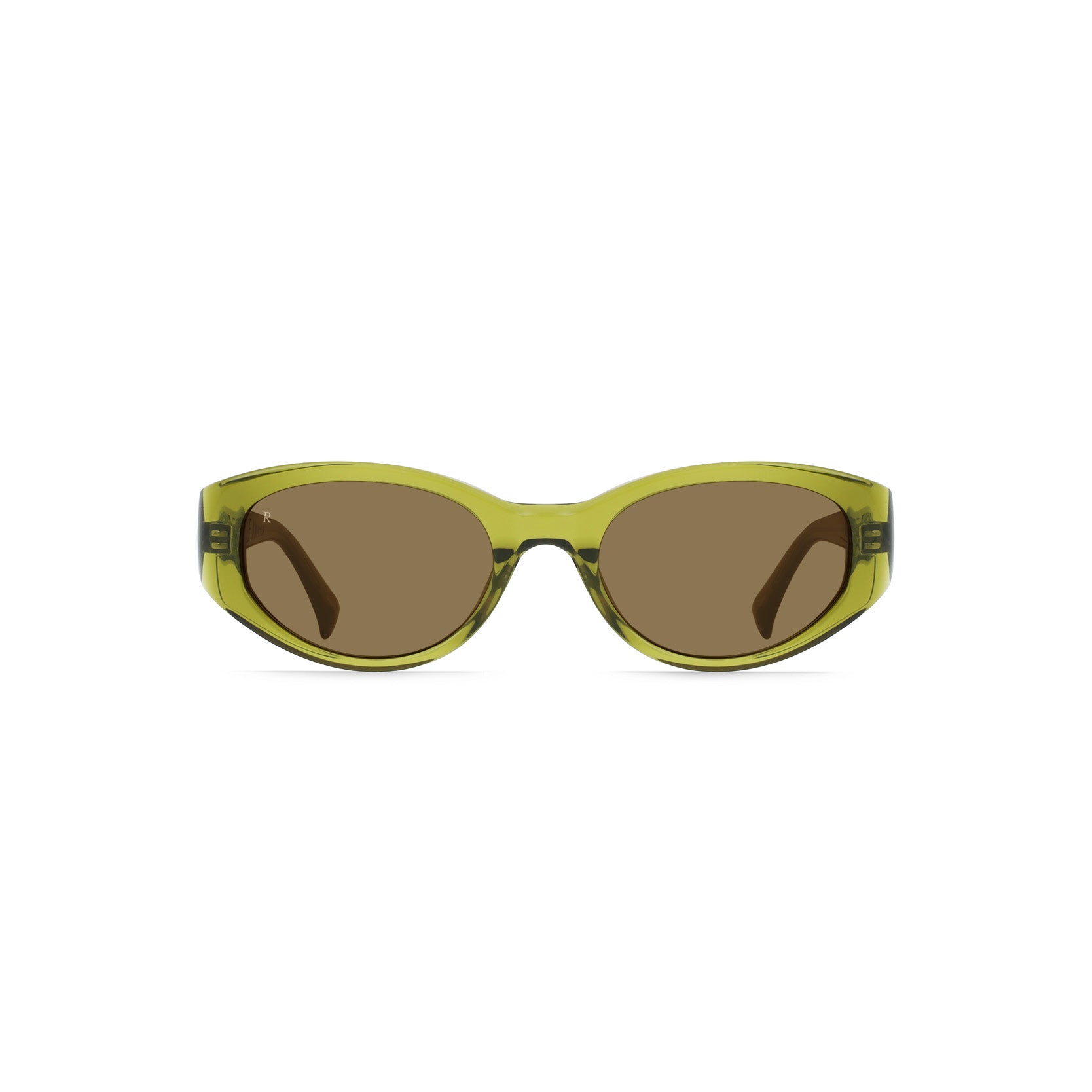 Raen Optics Kwela, Sencha/Aria oval sunglasses with brown tinted lenses displayed on a white background.