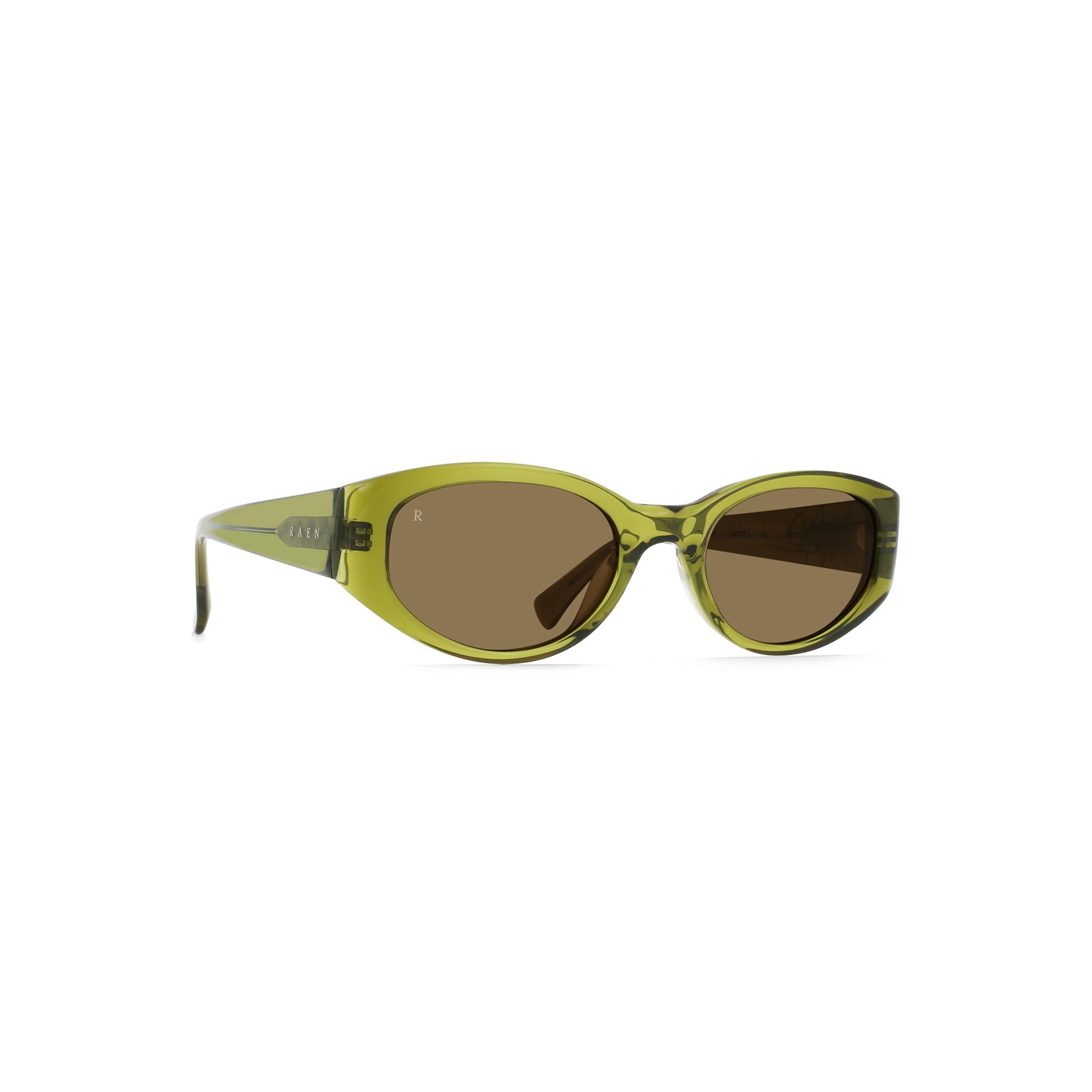 The Raen Optics Kwela, Sencha/Aria features green oval sunglasses with brown tinted lenses and thick, translucent plastic frames, shown against a white background.