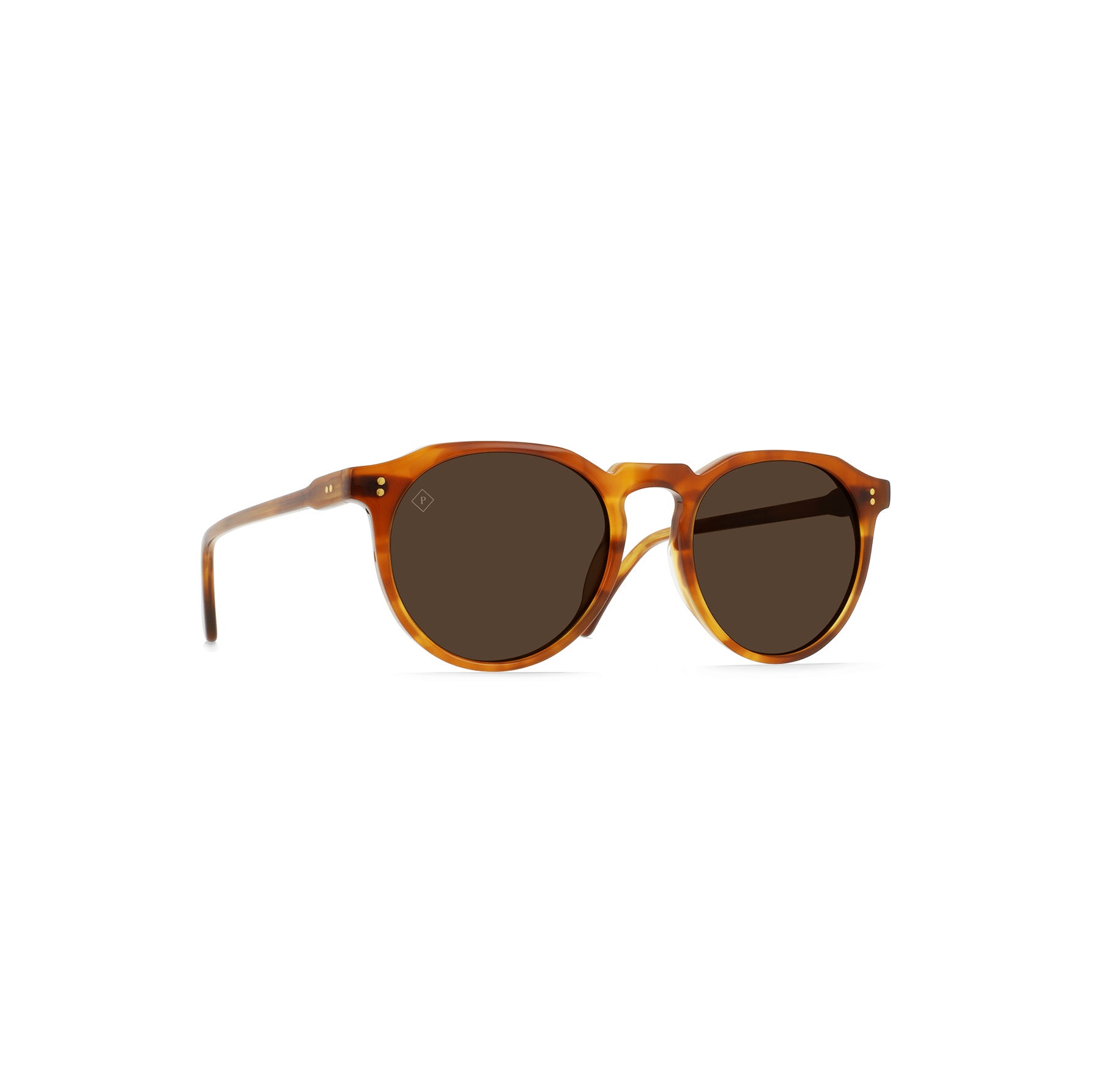 The Remmy 49 round sunglasses by Raen Optics, in Santa Fe Tortoise with vibrant brown polarized lenses, are displayed against a white background.