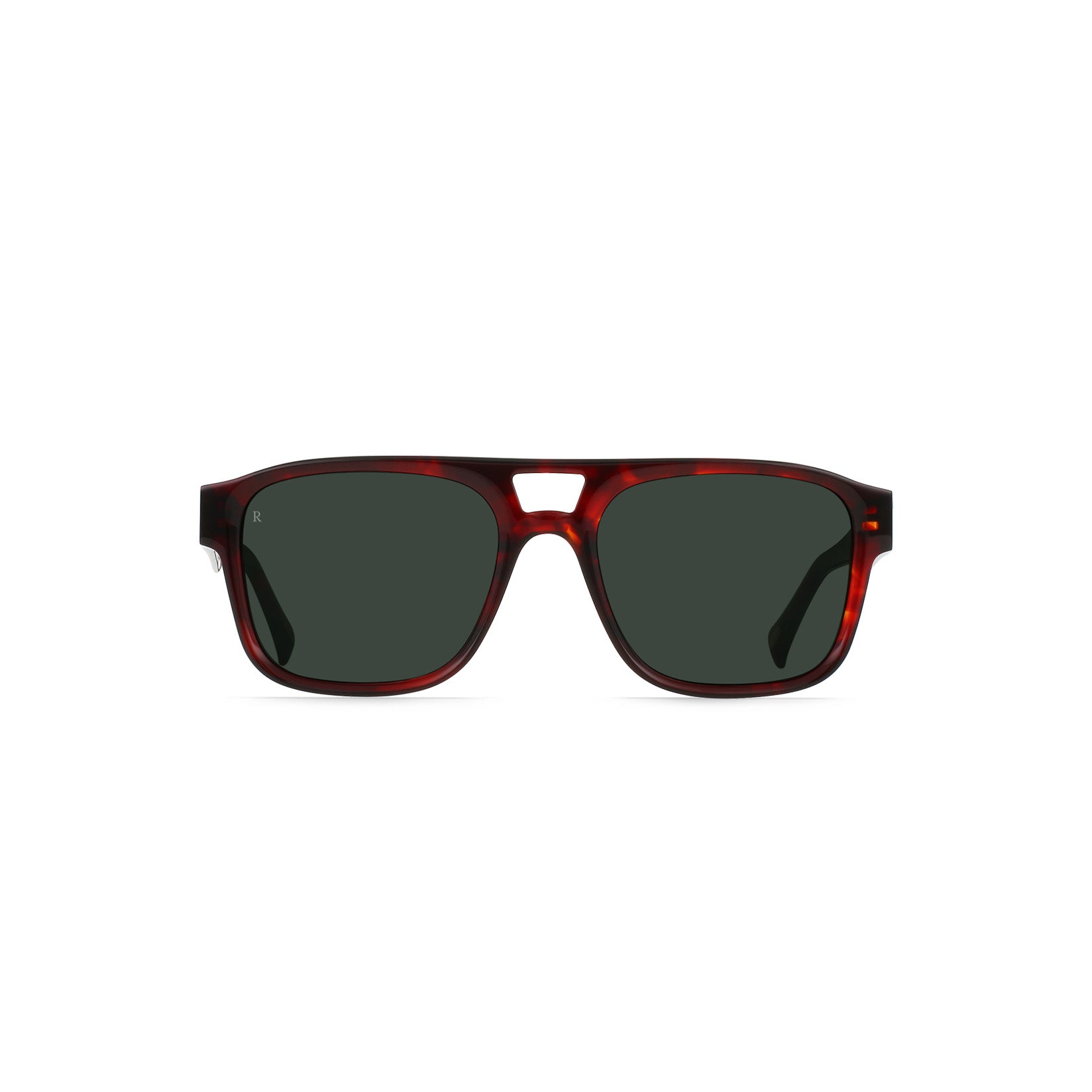 The Raen Optics Rifka sunglasses in Negroni/Green feature a rectangular dark red tortoiseshell frame and dark lenses, shown from the front against a white background.