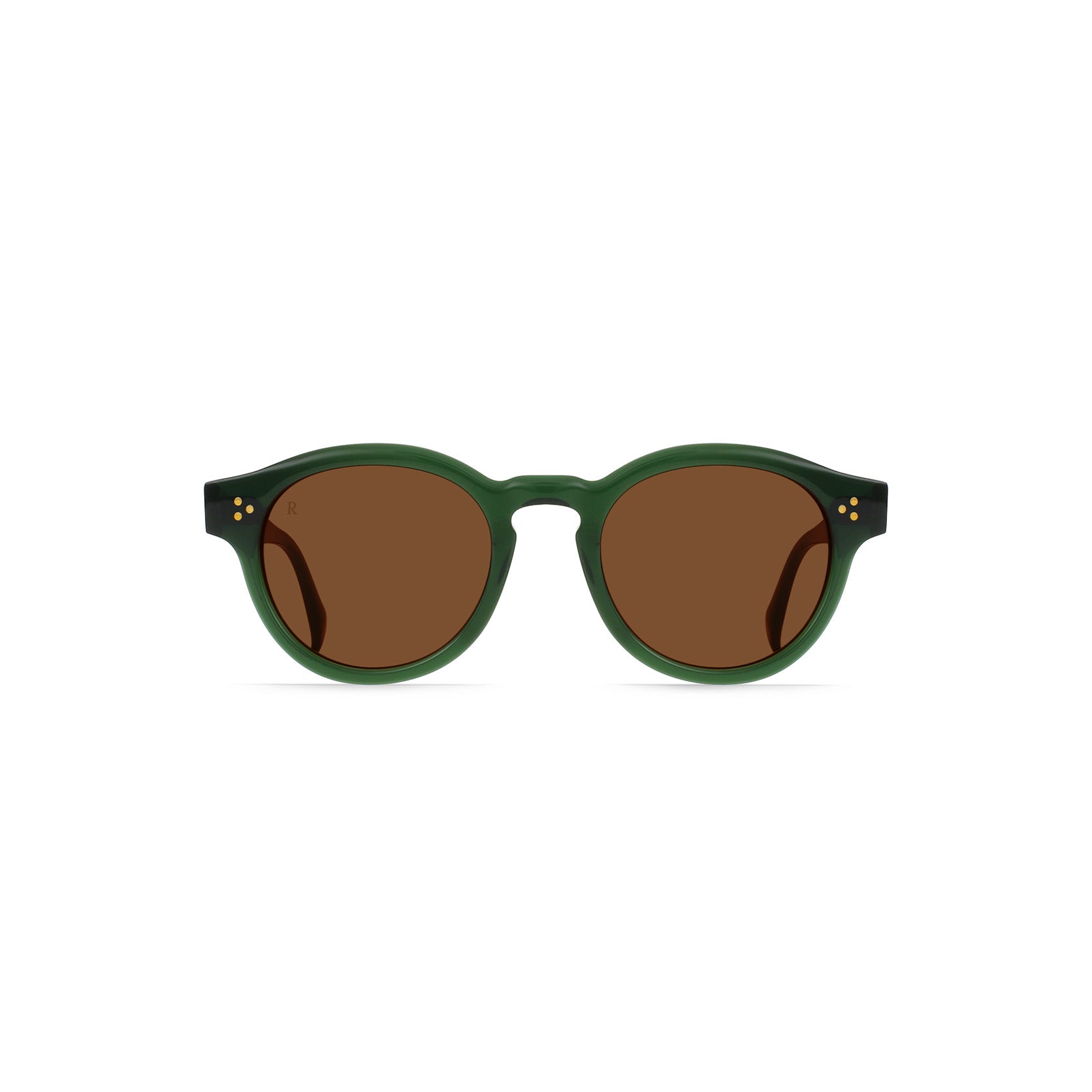 The Raen Optics Zelti sunglasses in Oak/Sedona feature round green frames and brown tinted lenses, displayed on a white background.