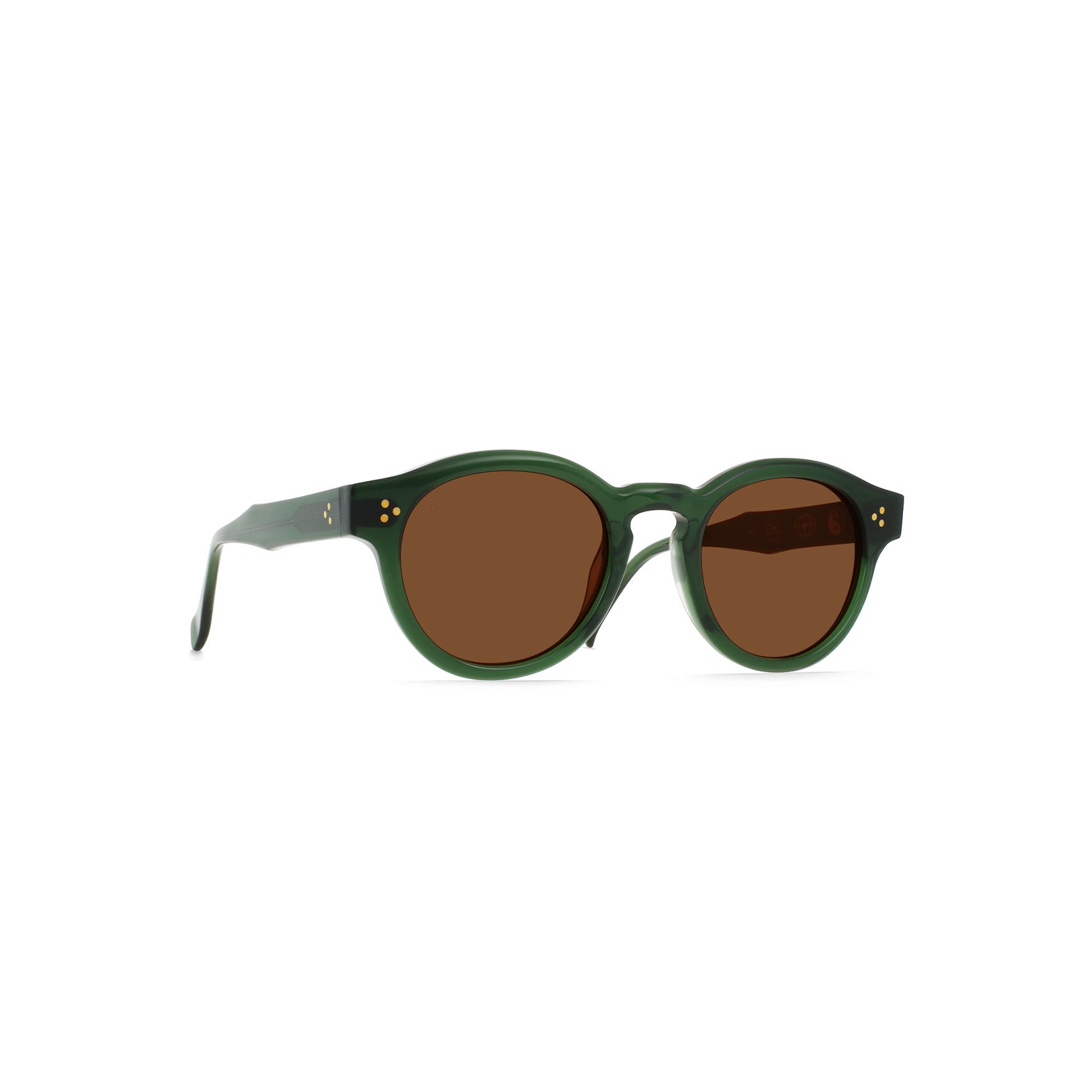 The Raen Optics Zelti sunglasses in Oak/Sedona feature round green frames with brown lenses and three small gold dots on the front corners, shown on a white background.