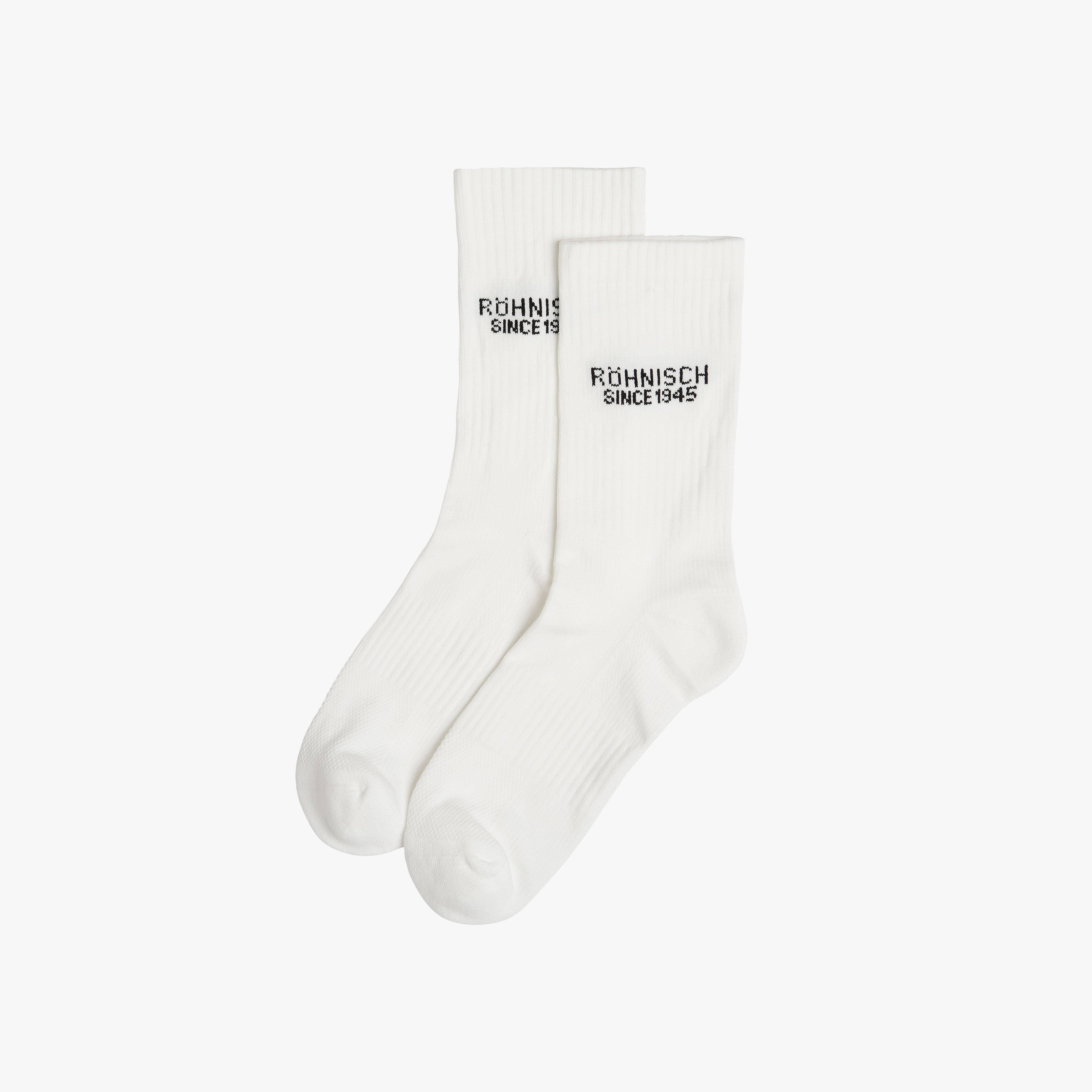 The Rohnisch 2 Pack Logo Sock features white crew gym socks with "Röhnisch Since 1945" in black, made from recycled polyamide and designed for comfy arch support.