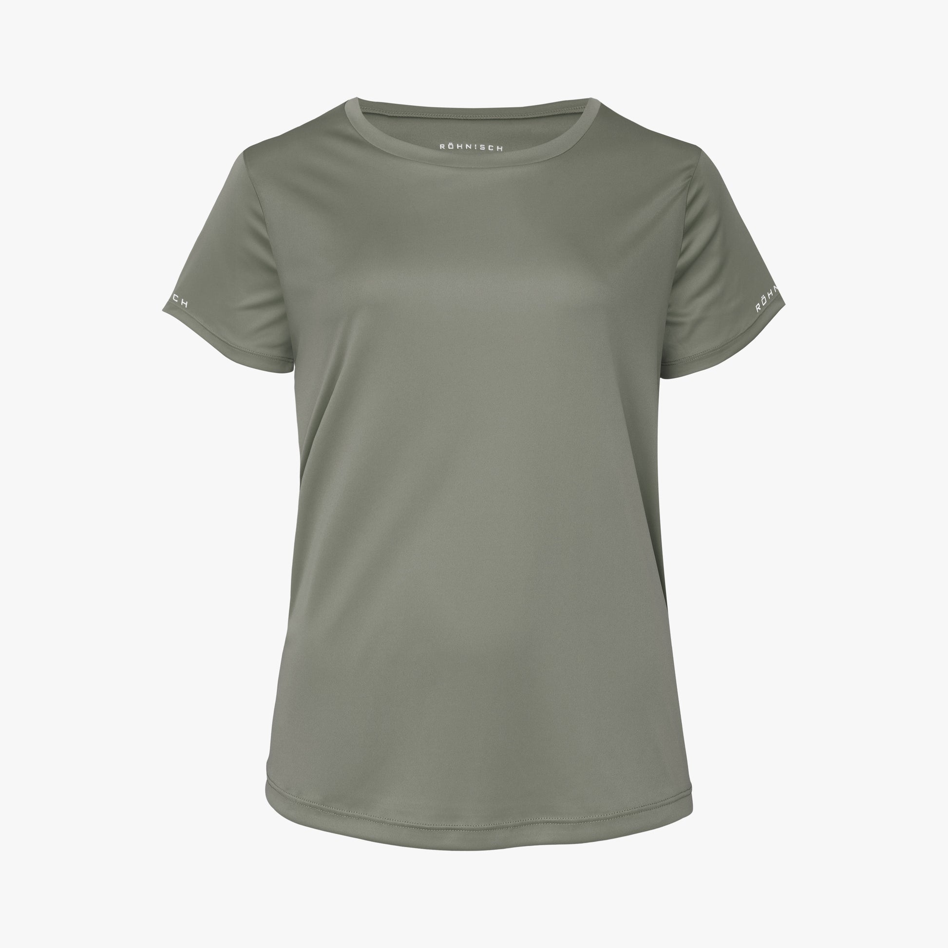 The Team Logo Short Sleeve by Rohnisch is an olive green T-shirt, featuring a round neckline and short sleeves. Made from breathable recycled polyester, it displays the Rohnisch logo against a plain background.