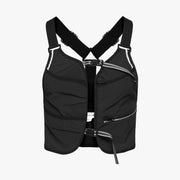 A black Glowy Running Vest by Rohnisch features adjustable straps, breathable mesh fabric, zippered pockets, and reflective details on a light gray backdrop.