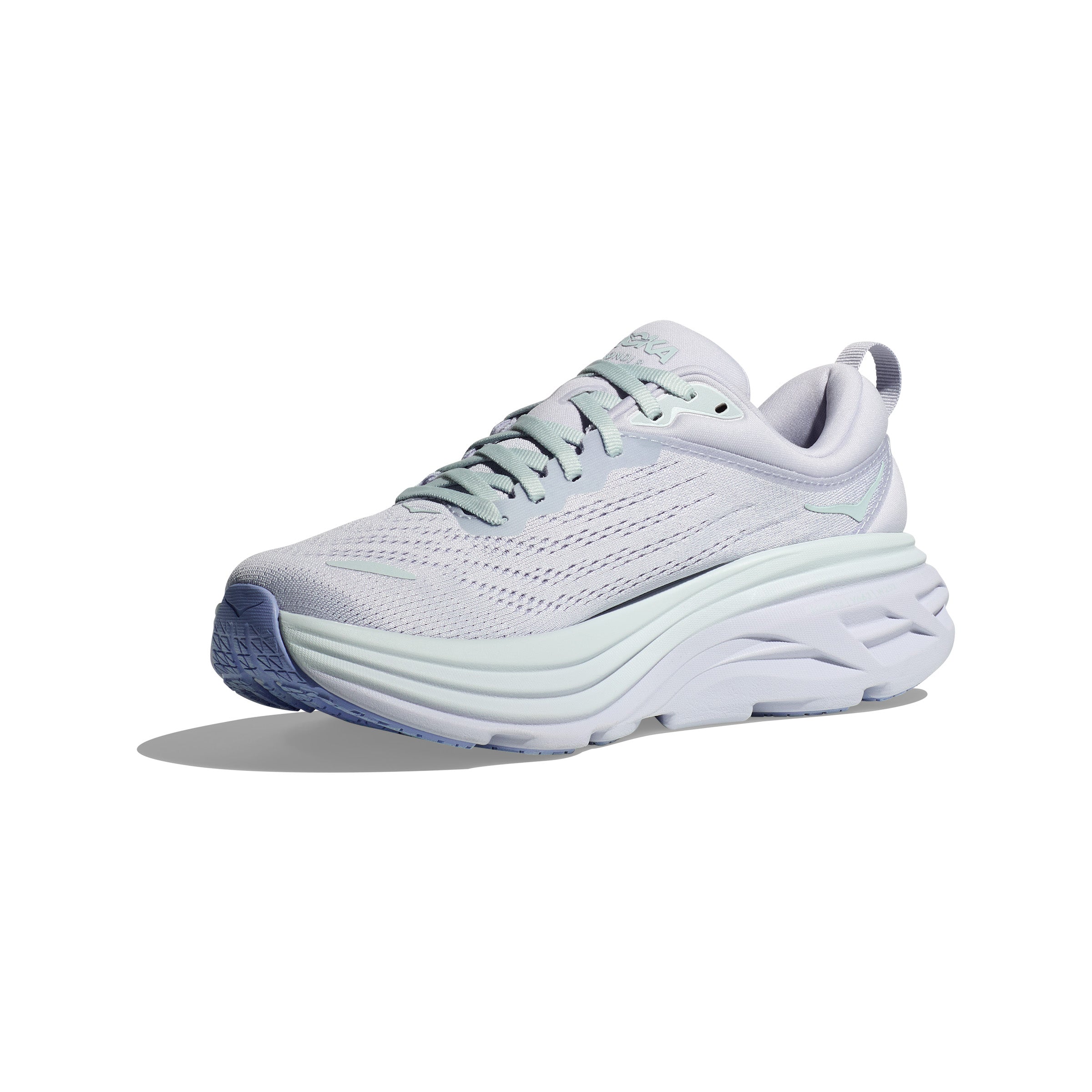 The Hoka W Bondi 8 in Ether/Illusion is a light gray athletic shoe with a thick, textured sole and mint green accents, shown from the side against a white background. Ideal for any activity, its design ensures a soft, balanced ride.