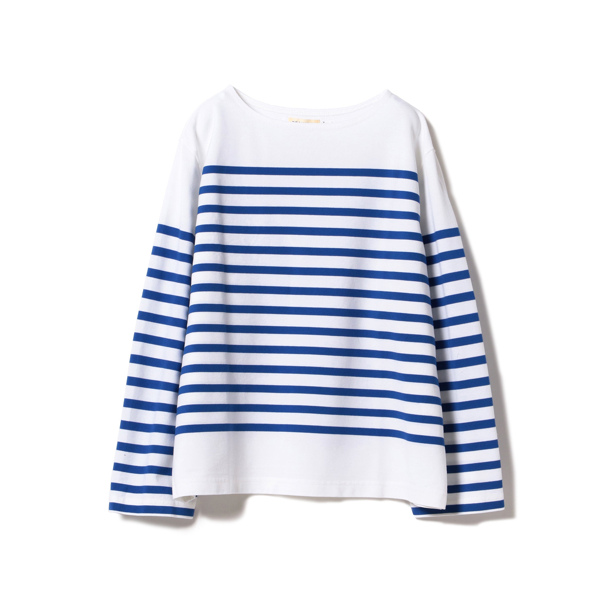 The Beams Boy O.Naval Bdr Big Boatneck is a white long-sleeve shirt featuring horizontal blue stripes across the chest and sleeves, shown on a plain background.