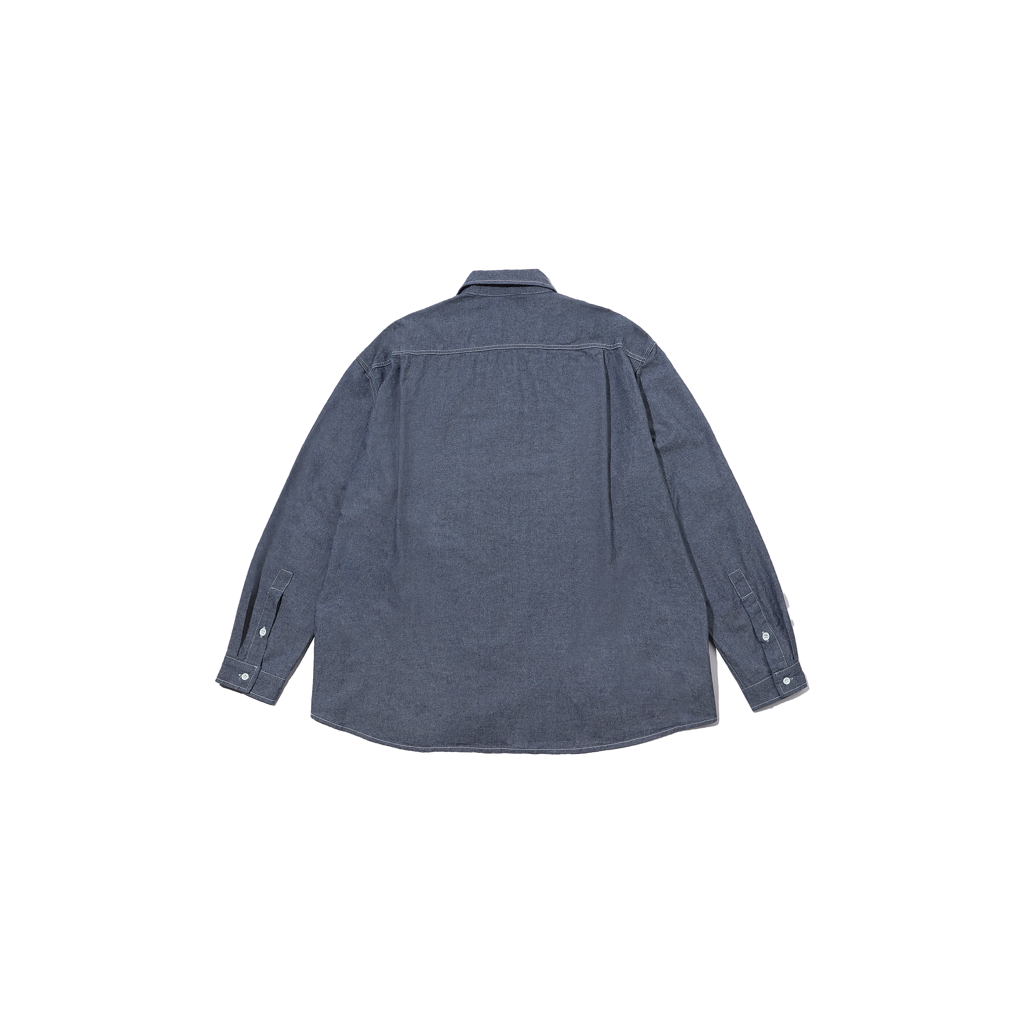 The dark blue Kappy 2 Pocket Denim Shirt is a unisex button-up, shown laid flat from the back, and made from 100% cotton for ultimate comfort.