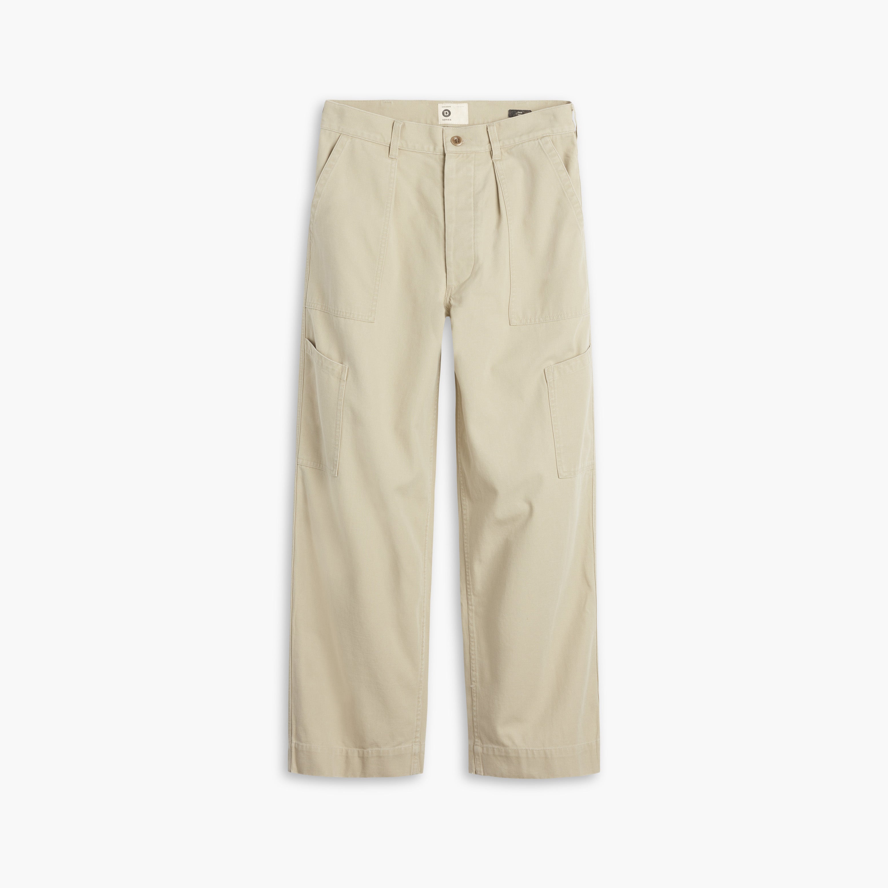 The Dockers D-Series Utility Pant in beige from the Transnomadica Collection features front and side pockets with button and zip closure, displayed on a white background.