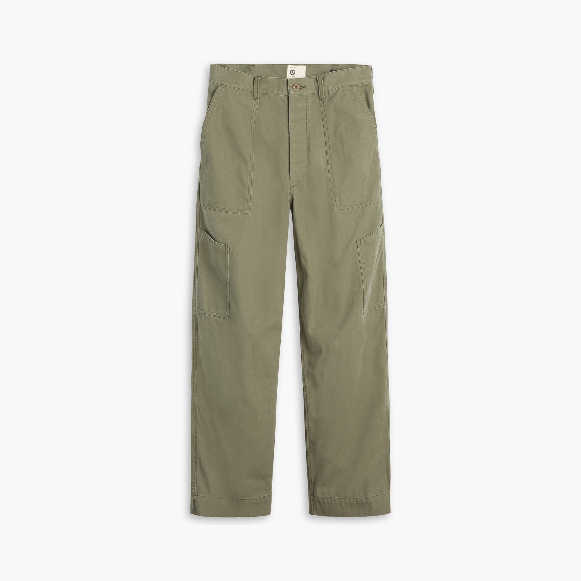 The Dockers D-Series Utility Pant in olive green from the Transnomadica Collection features front patch pockets and is displayed against a white background.