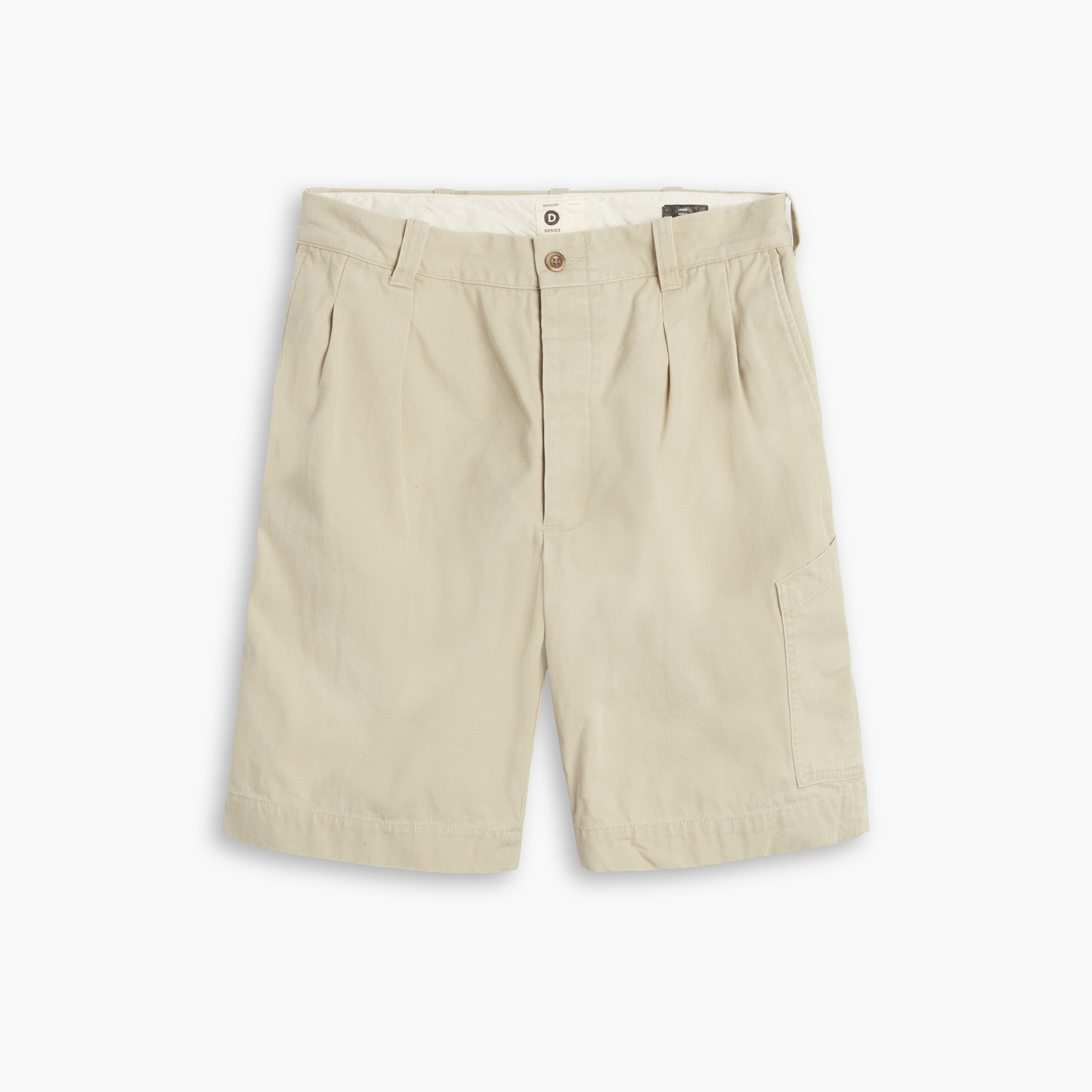 The Dockers D-Series Utility Short in beige features pleats, a button closure, belt loops, and side pockets, showcased on a plain white background.
