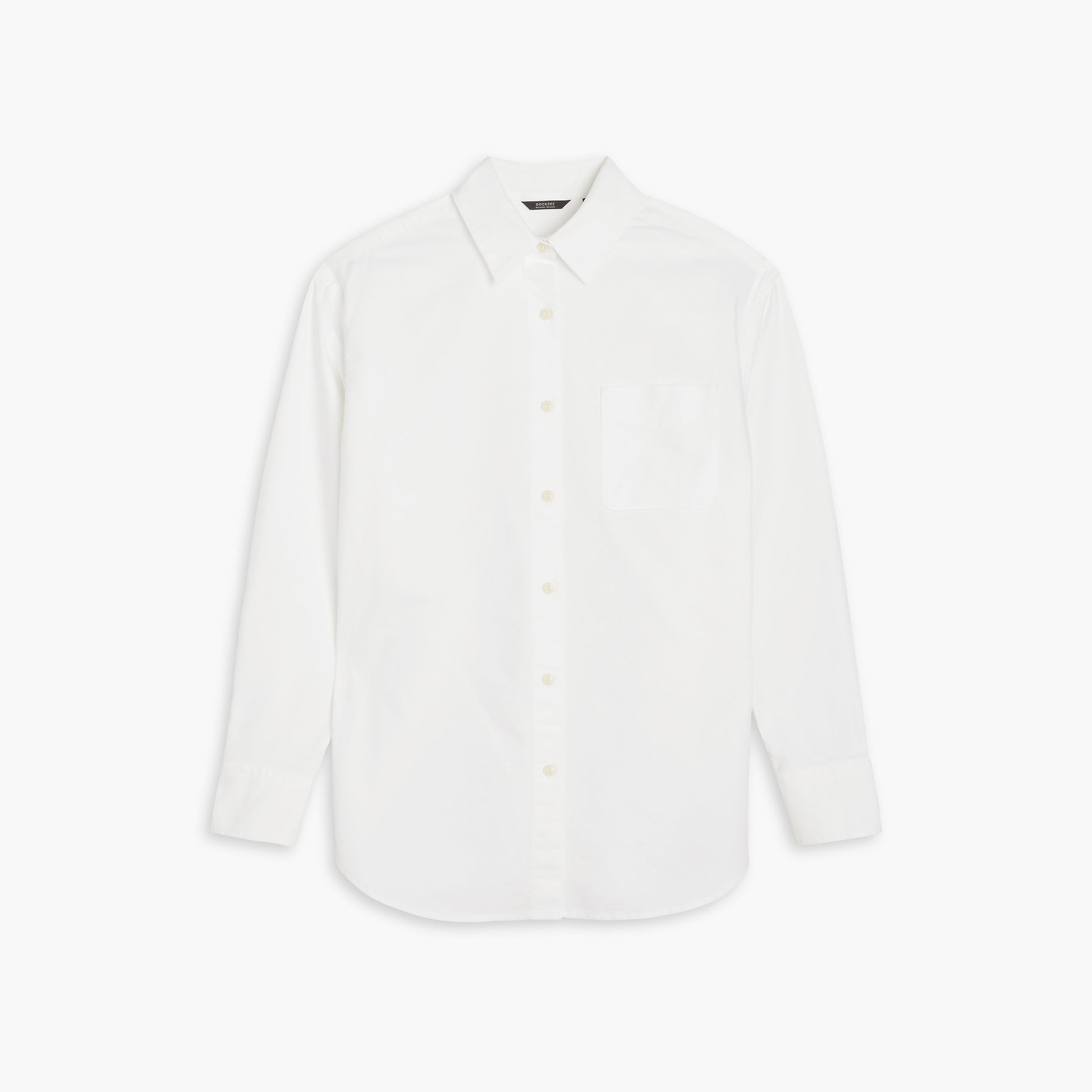 The Dockers Women's Original Shirt, LS is a white, long-sleeved button-up made from recycled cotton hemp, featuring a collar and chest pocket, shown against a plain background for comfort.