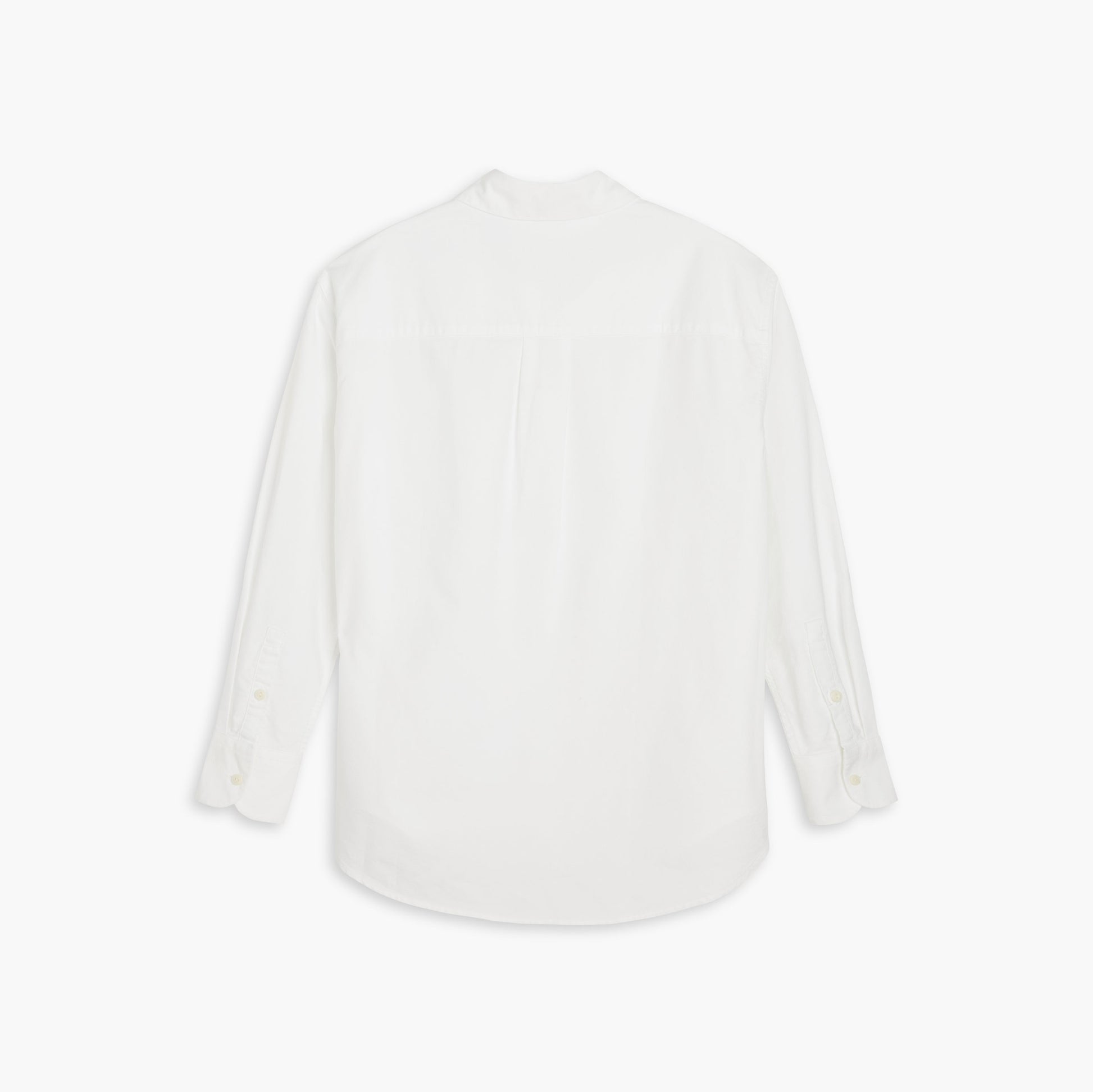 The Women's Original Shirt, LS by Dockers is a white long-sleeve button-up crafted from recycled cotton hemp, shown from the back on a white background.