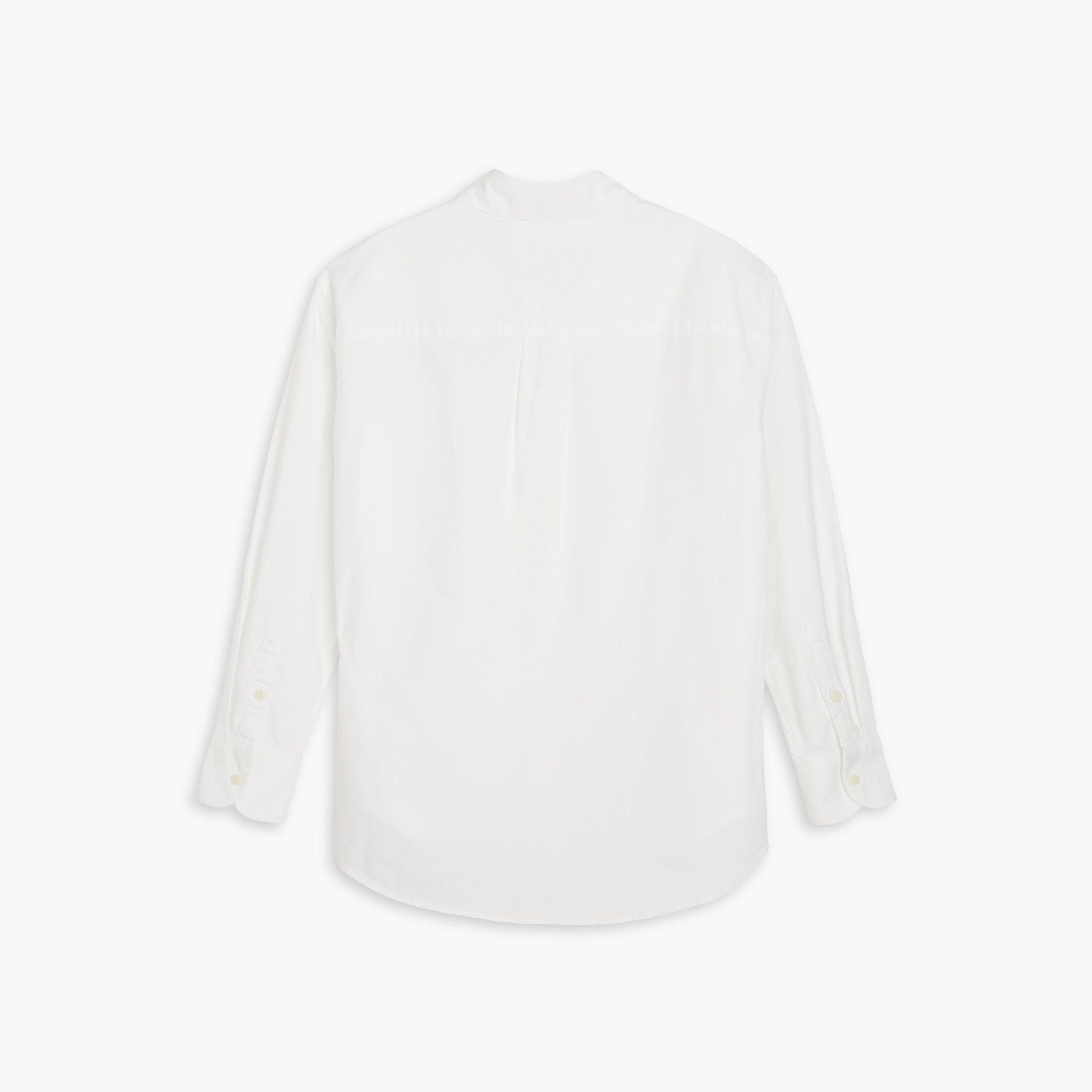 The Women's Original Shirt, LS by Dockers is a white long-sleeve button-up crafted from recycled cotton hemp, shown from the back on a white background.