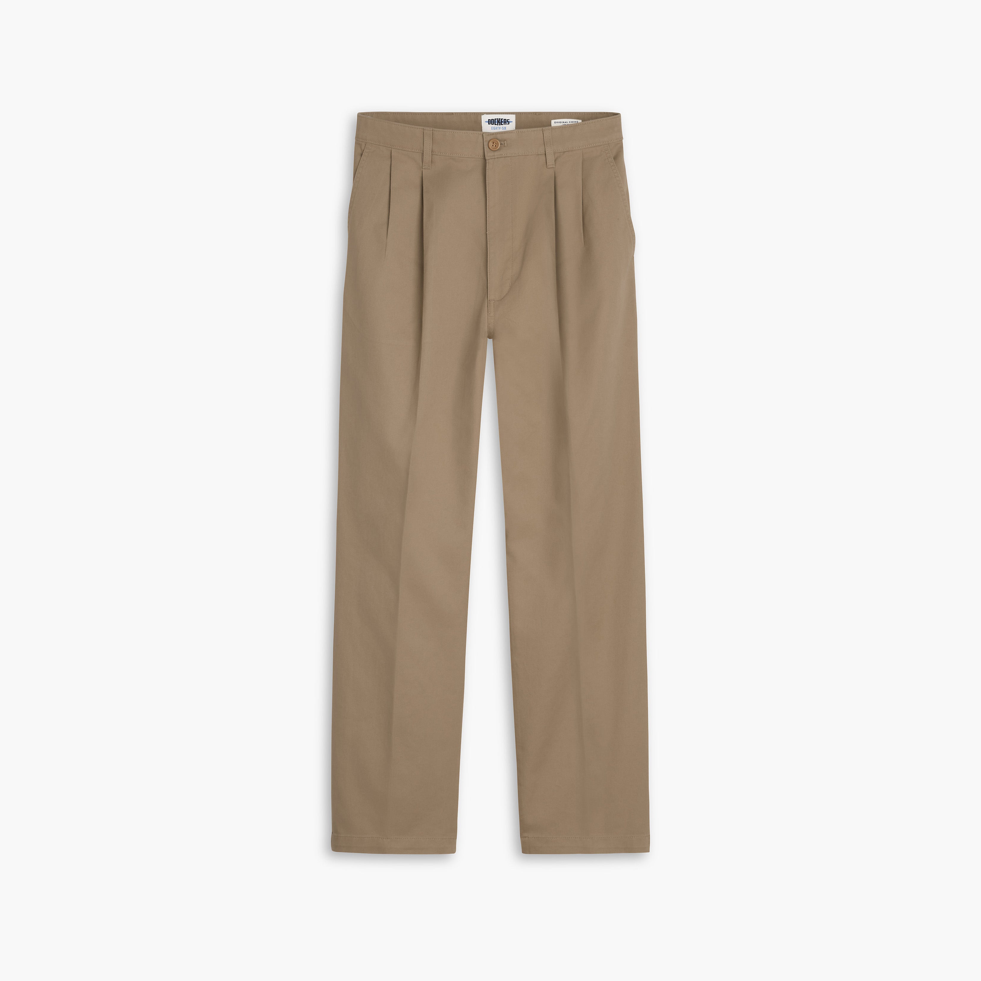 The Dockers Genderless 86 Original Pleated Chino features a loose fit in beige with pleats and a button-zipper closure, shown laid flat on a white background.