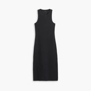 The Dockers Women's Loft Knit Tank Dress is a sleeveless, flattering midi-length black dress made from soft organic cotton with a high round neckline, shown laid flat on a white background.