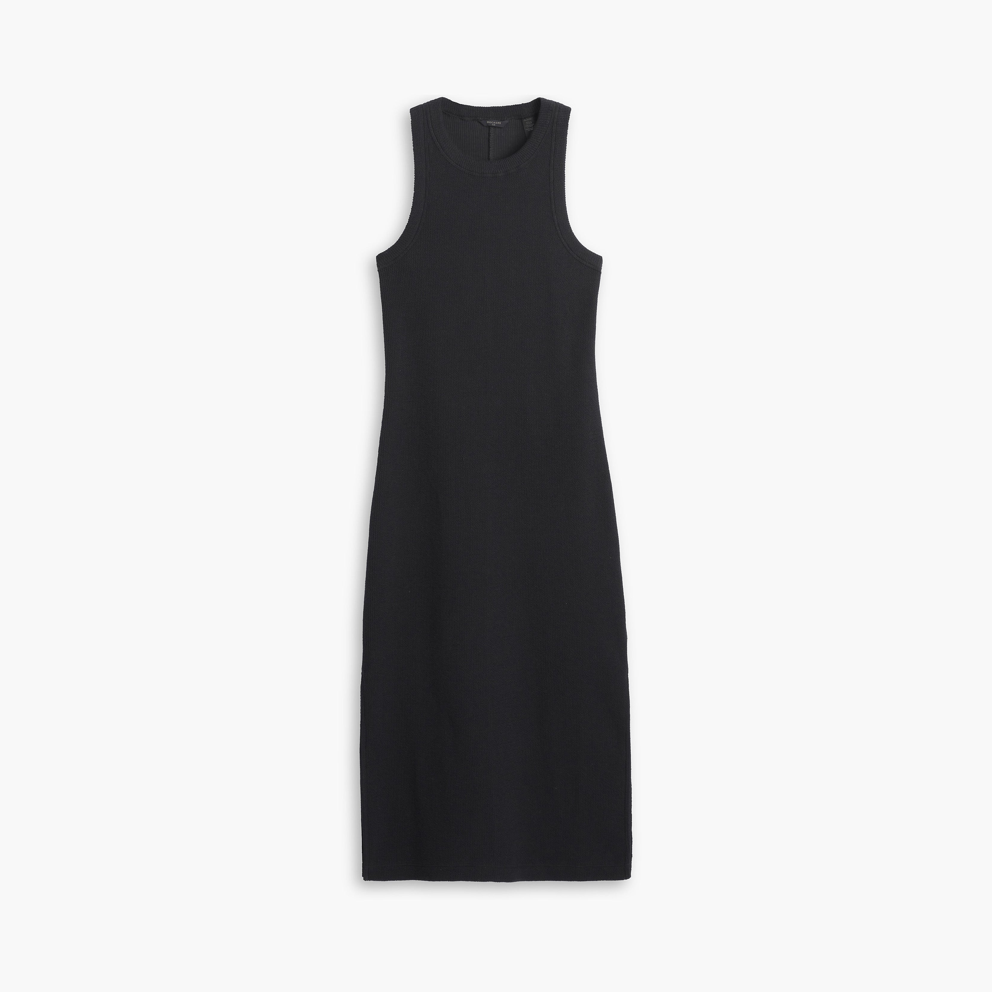 The Dockers Women's Loft Knit Tank Dress is a sleeveless, flattering midi-length black dress made from soft organic cotton with a high round neckline, shown laid flat on a white background.