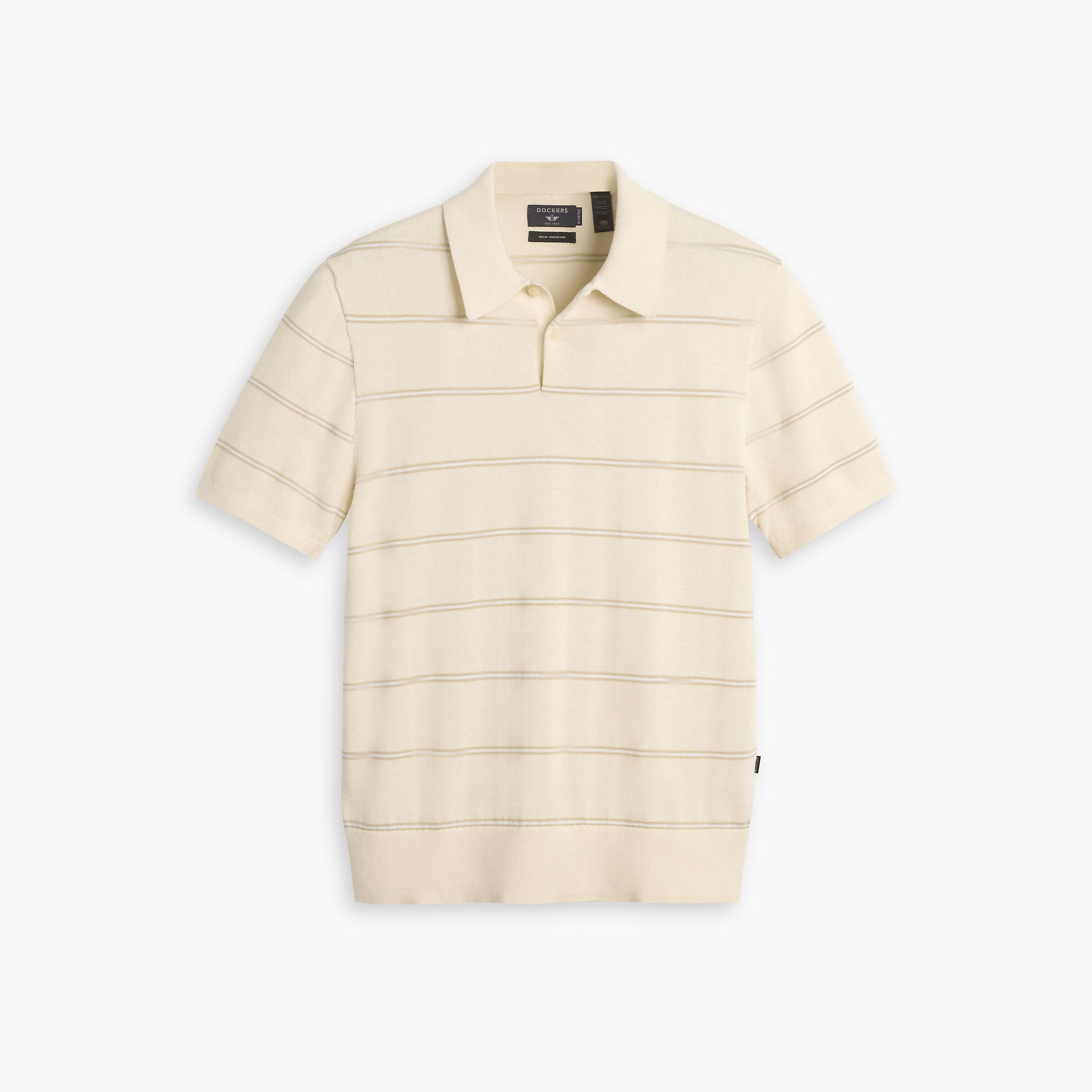 The Dockers Men's Sweater Polo is a short-sleeve, cream-colored top with thin horizontal stripes and a collar, made from recycled fibers and BCI Cotton, shown on a plain white background.
