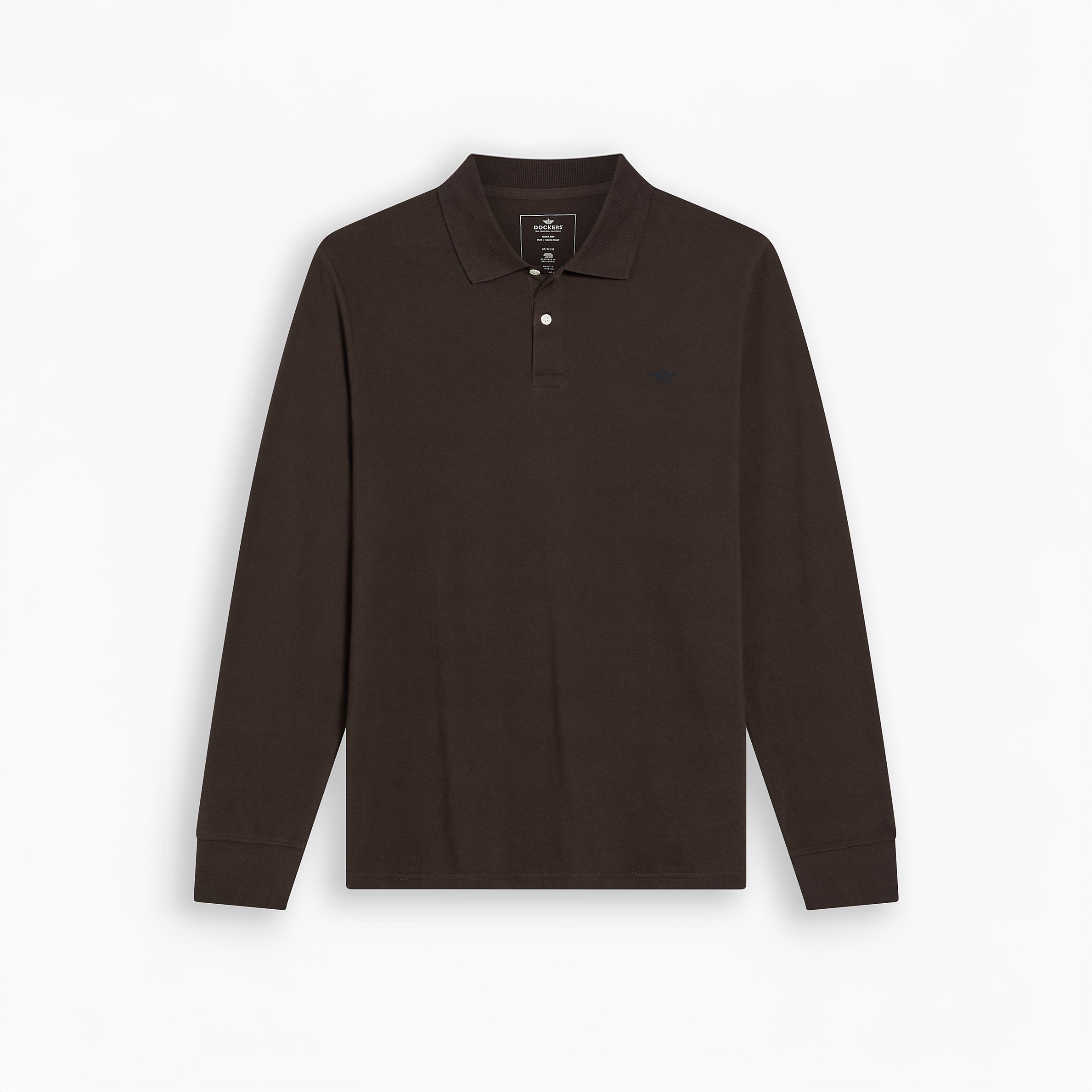 The Dockers Ls Polo, Mole is a long-sleeve dark brown collared shirt with a two-button placket and ribbed cuffs, shown against a white background.