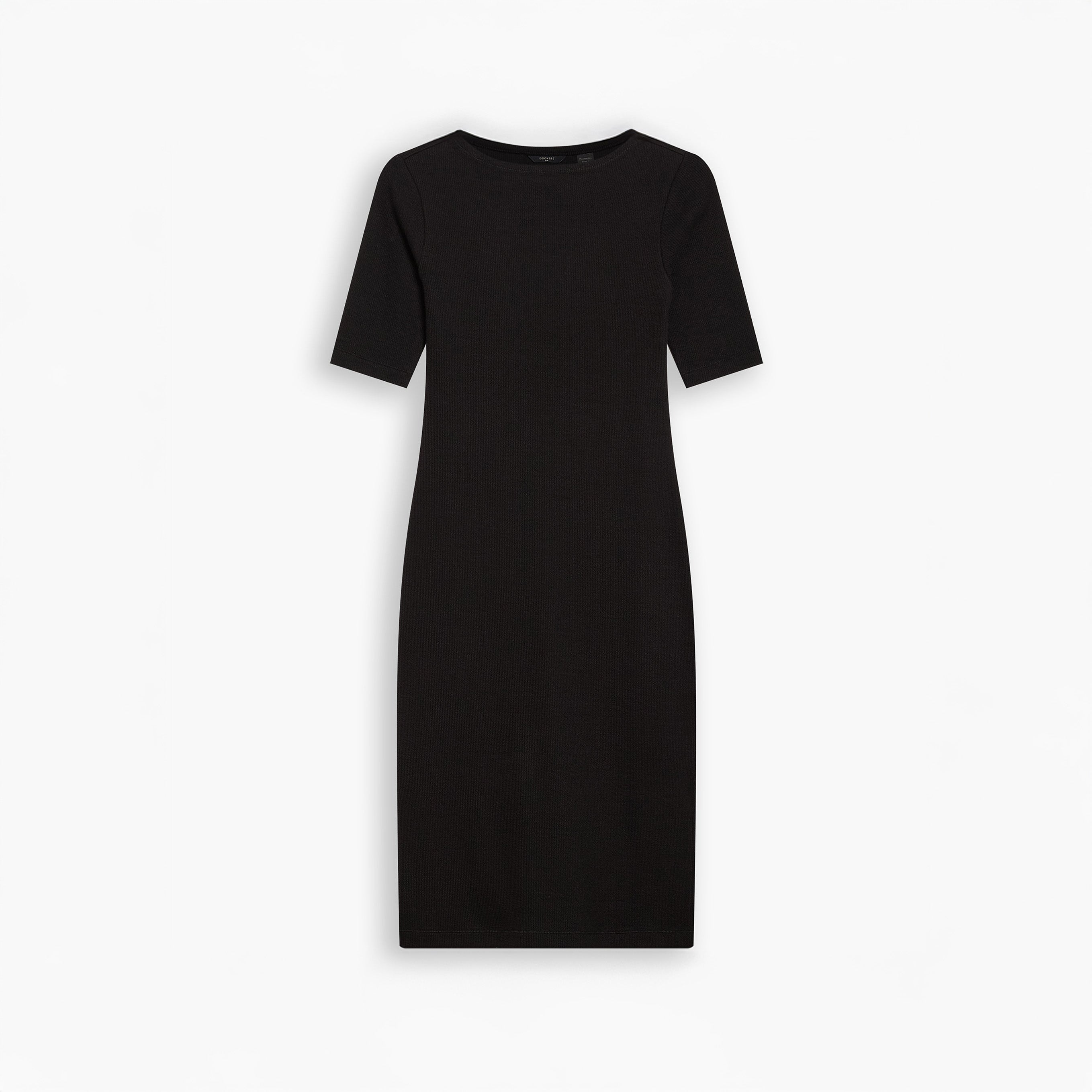 The Dockers Winter Loft Knit Dress in Beautiful Black is a knee-length dress featuring short sleeves and a round neckline, showcased against a white background.