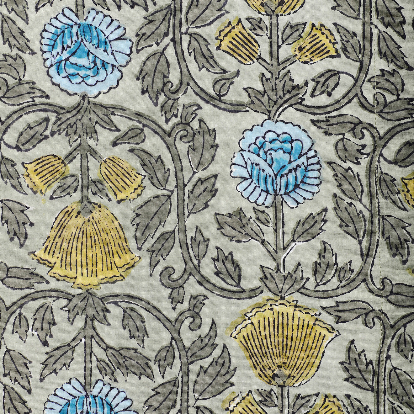 The Kardo Tie, Block Print 137, showcases a repeating floral pattern of blue and yellow flowers with green leaves and dark stems on a light background.