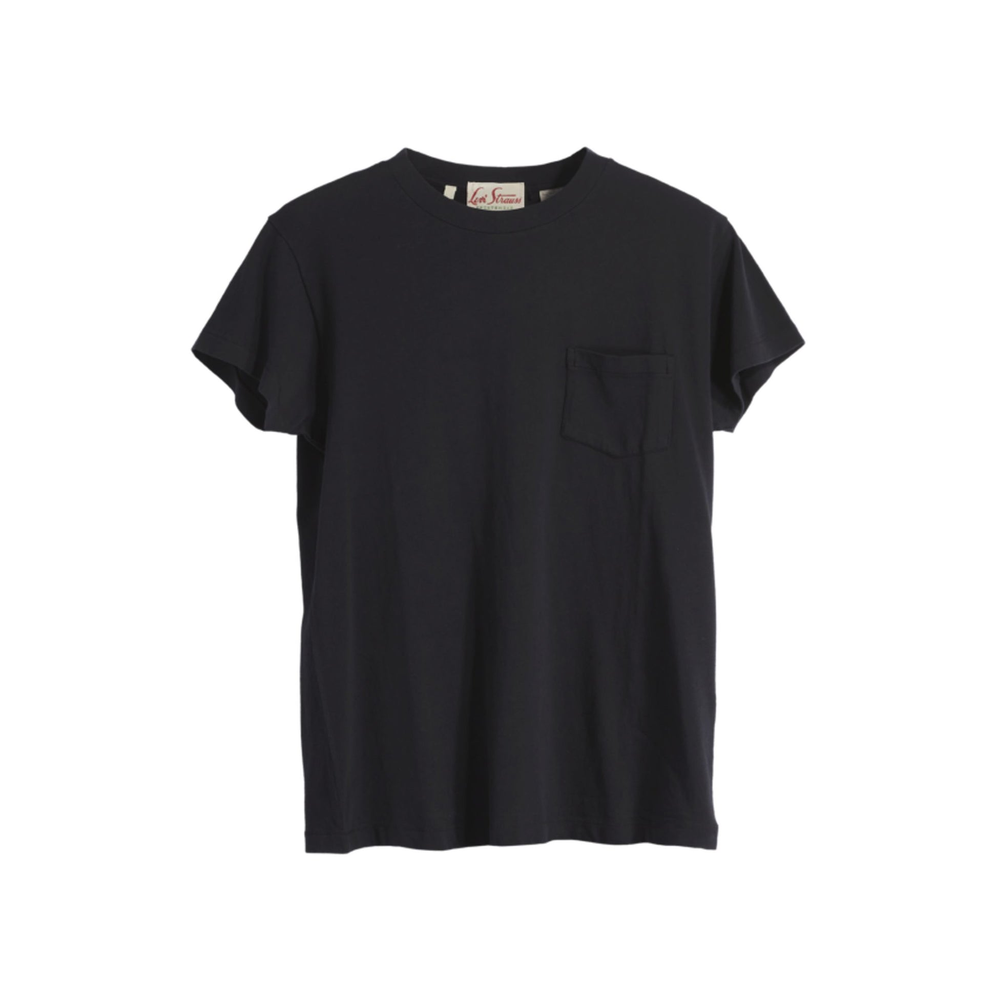 The Levis LVC 1950's SPRTSWEAR Tee is a plain black short-sleeve shirt made from ultra-soft jersey, featuring a classic spade pocket on the chest and shown against a white background.
