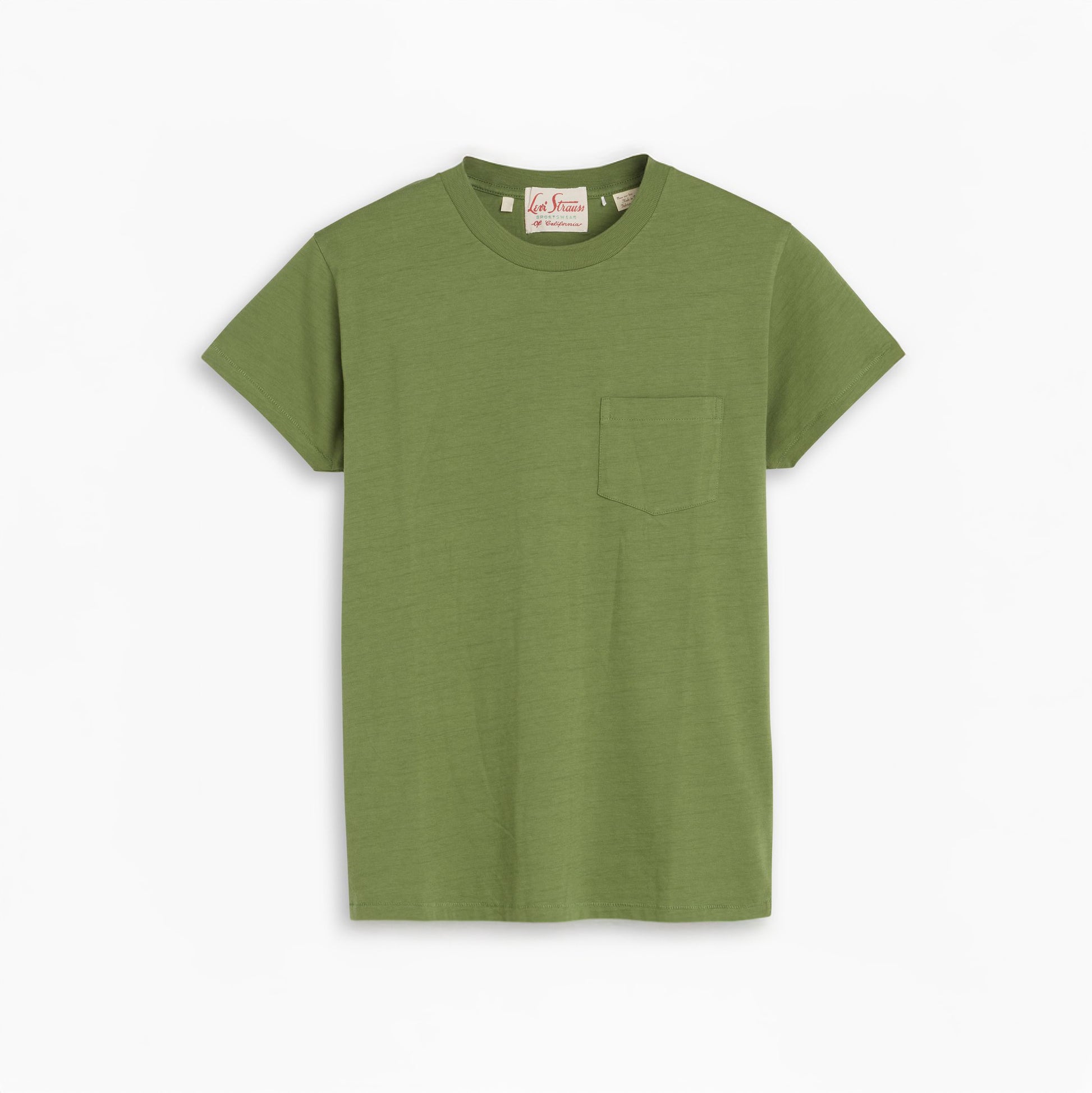 The Levis LVC 1950's SPRTSWEAR Tee is a plain green ultra-soft jersey short-sleeve t-shirt with a chest spade pocket, shown laid flat on a white background.