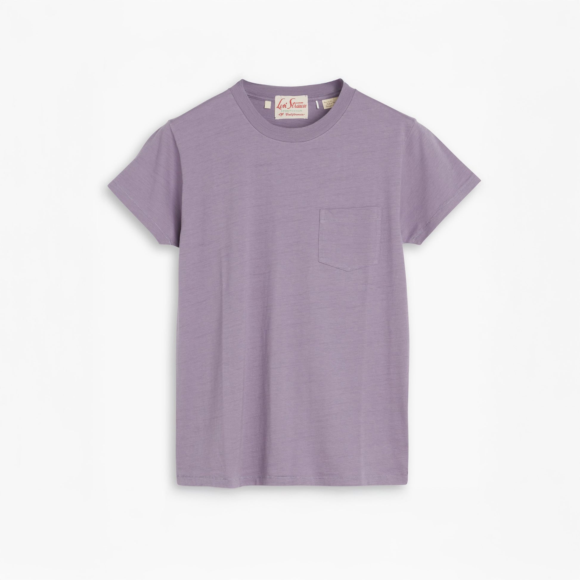 The Levis LVC 1950's SPRTSWEAR Tee is a lavender, short-sleeve t-shirt made from ultra-soft jersey with a small spade pocket on the chest, shown on a white background.