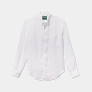 The Gitman Vintage White Linen Shirt, featuring long sleeves, a front pocket, and button-up design, is displayed laid flat on a plain background.