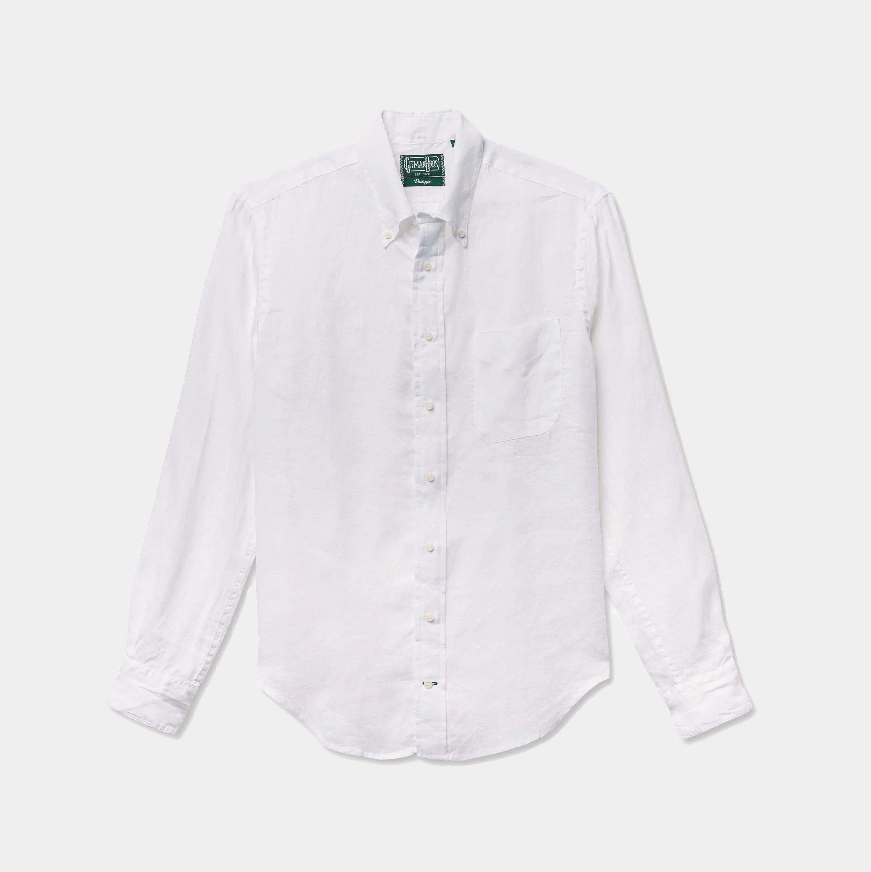 The Gitman Vintage White Linen Shirt, featuring long sleeves, a front pocket, and button-up design, is displayed laid flat on a plain background.