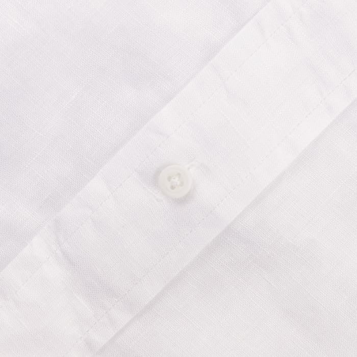 Close-up of the Gitman Vintage White Linen Shirt, highlighting a single white button on its stitched placket.
