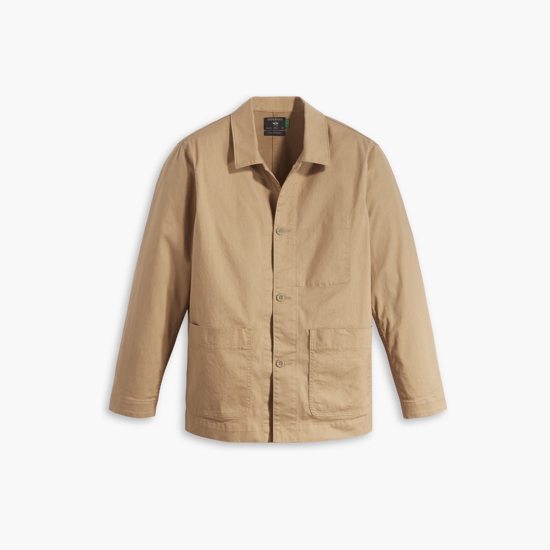 The Men's Chore Coat by Dockers is a tan, long-sleeved coat with a shirt collar and front button closure. It has two large front pockets and is made from recycled nylon for stretch comfort, featuring a simple, minimalist design.