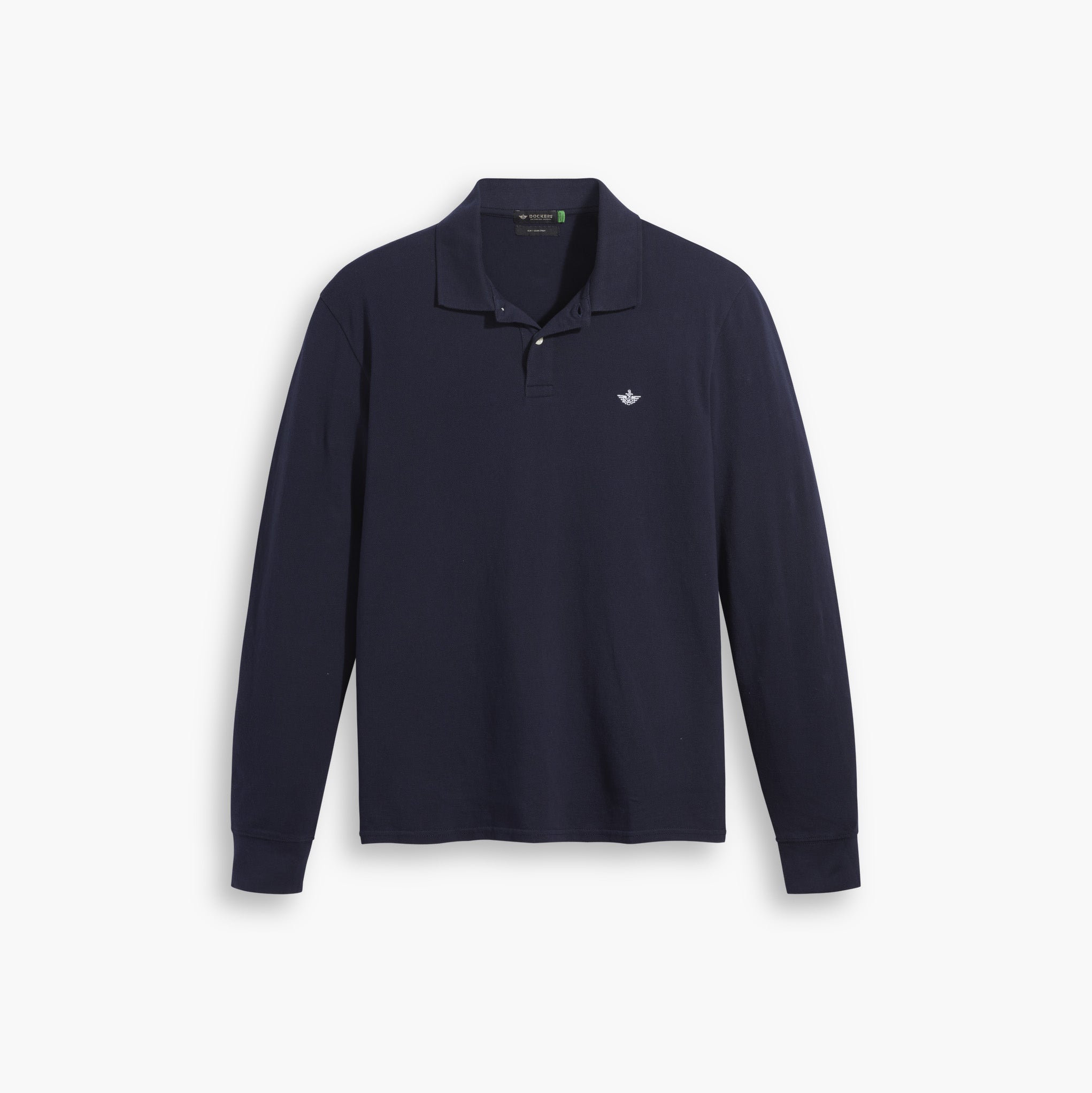 The Dockers Men's Pique Polo, LS features a navy blue slim fit, long sleeves, a no-roll collar, button placket, and a small white logo on the left chest, shown against a white background.