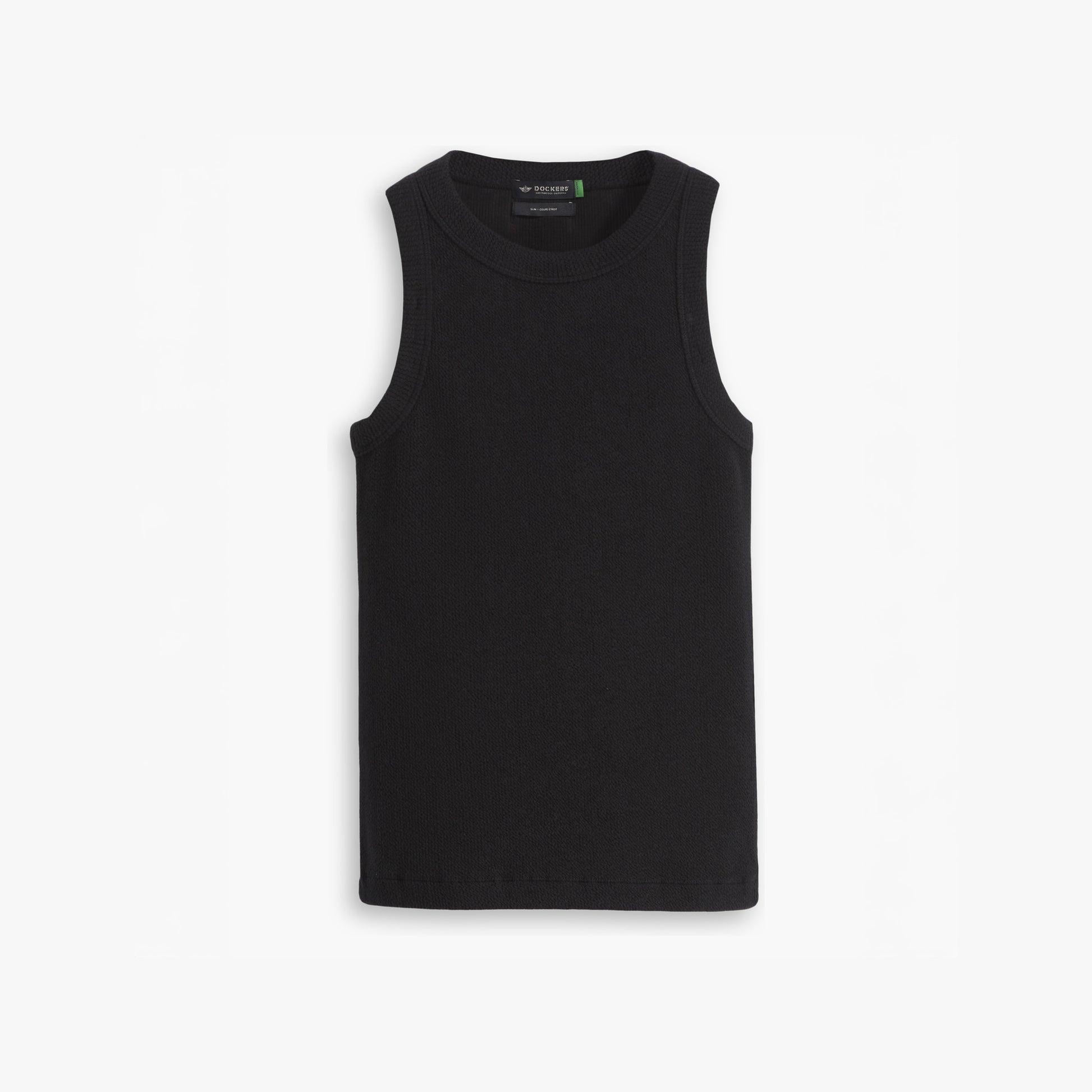 The Women's Rib Tank with Loft Knit by Dockers, crafted from organic cotton, is presented against a white background. This black tank top features a slim fit design for a sleek and stylish look.