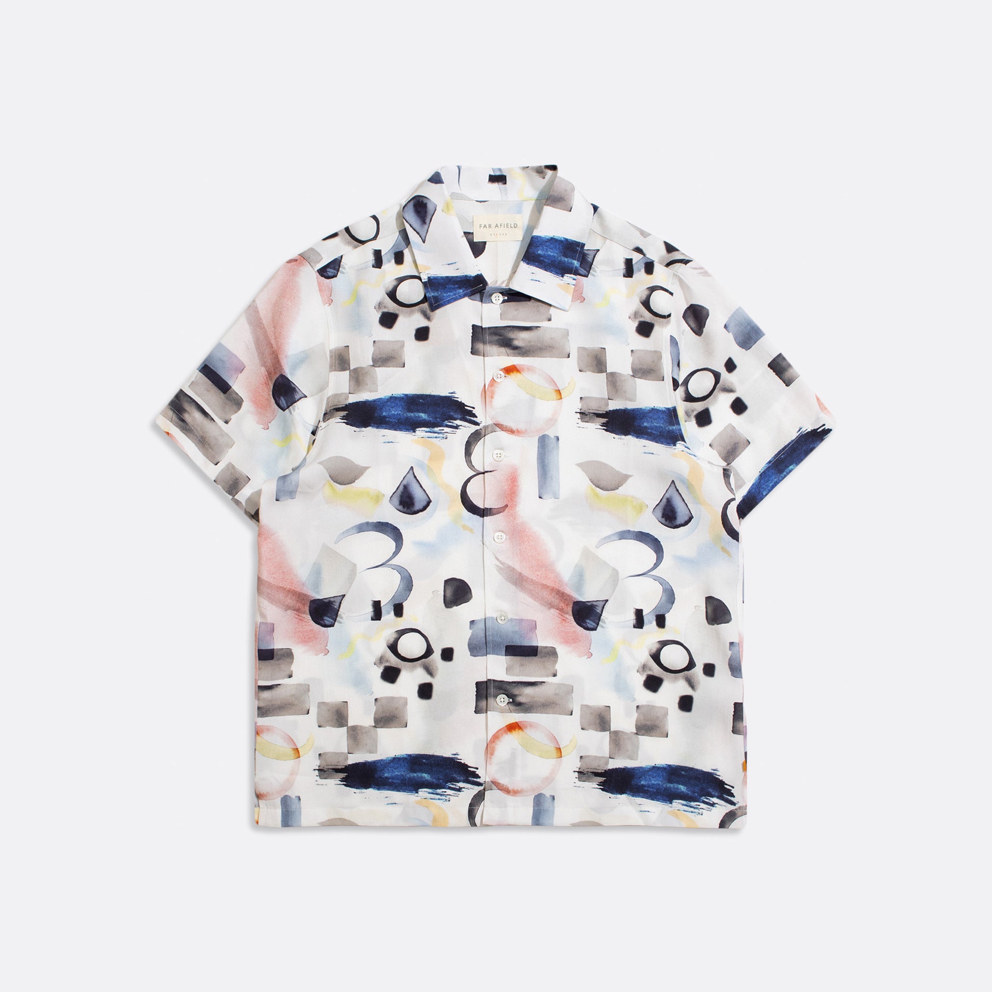The Far Afield Busey SS Shirt in Doodles Print features soft Tencel™ fabric and an abstract multicolored pattern in blue, black, gray, pink, and yellow tones, shown laid flat on a white background.
