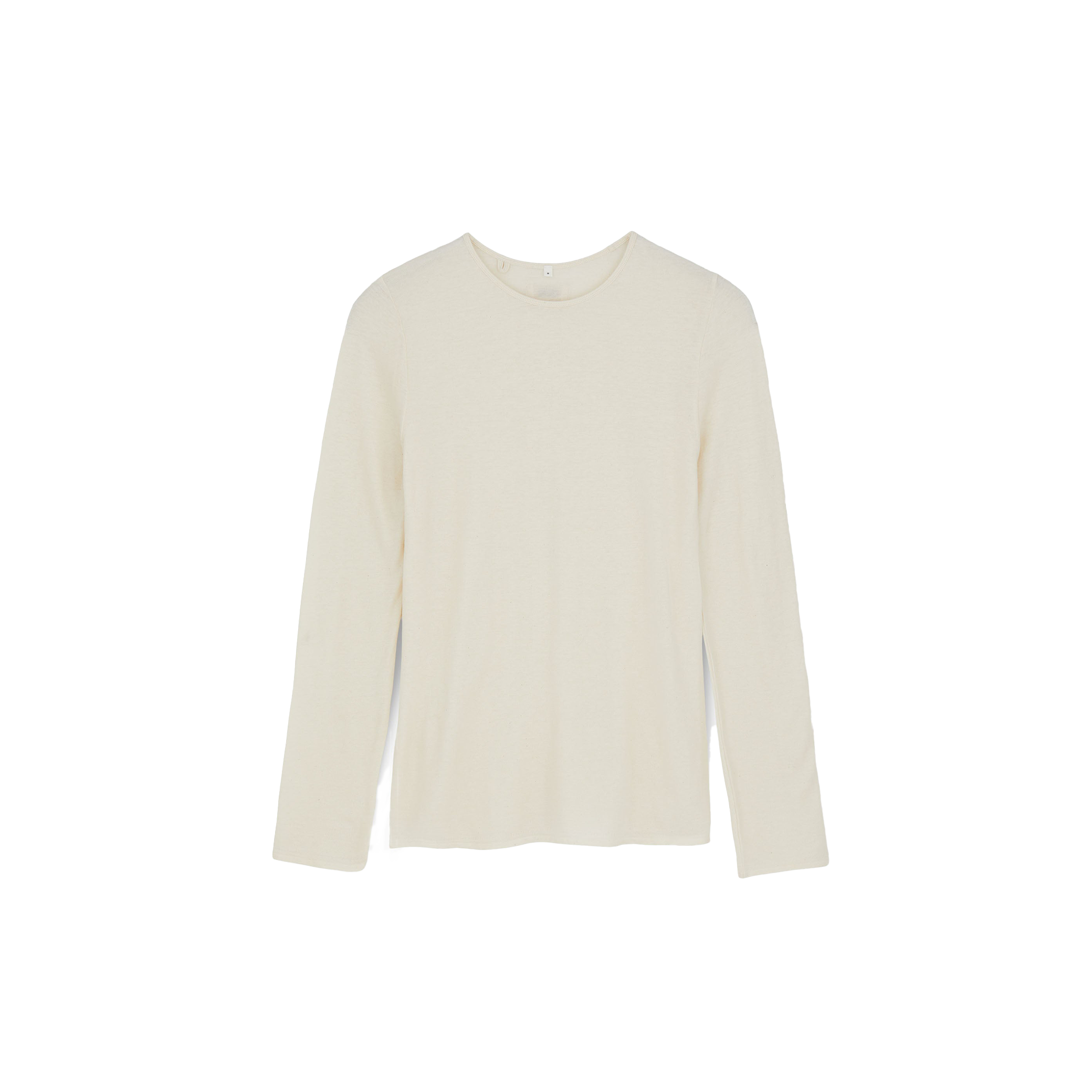 The Aiayu Gentle LS T-Shirt is a plain, long-sleeve beige sweater with a round neckline, shown against a white background.