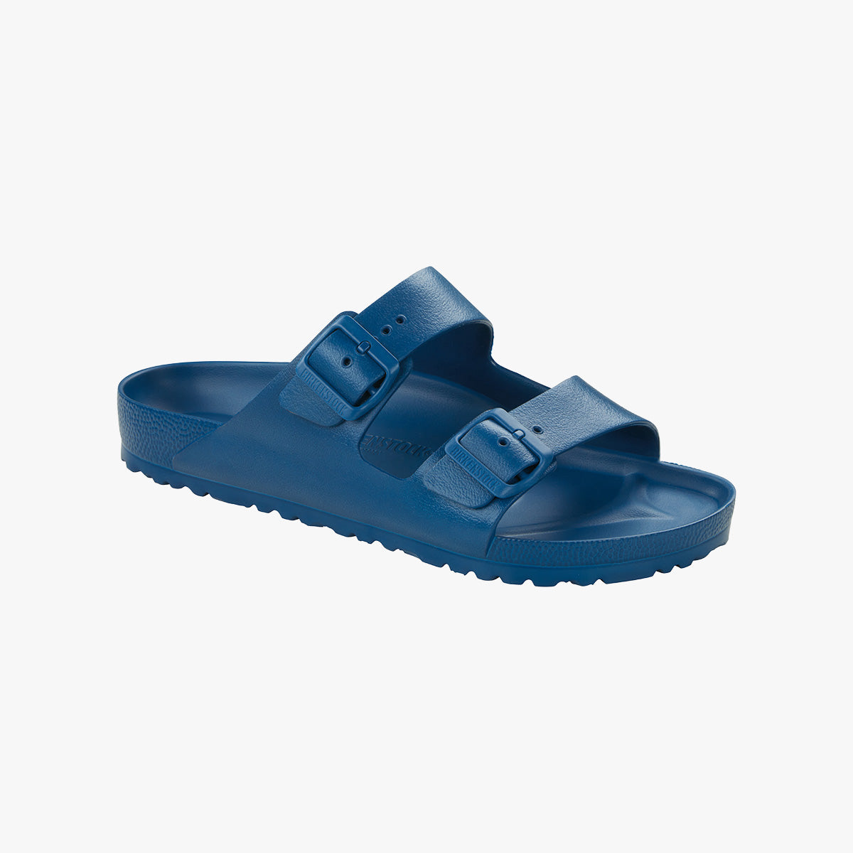 A Birkenstock Arizona EVA Narrow sandal in navy with adjustable straps and a textured sole, shown against a plain white background.