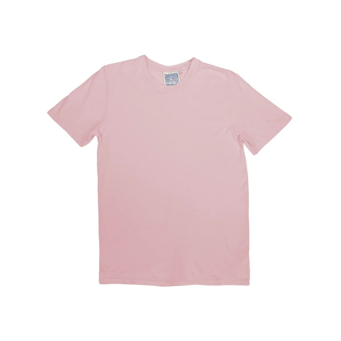 The Jungmaven Basic Tee 3.6oz in Rose Water, a light pink short-sleeve shirt made from a breathable hemp-cotton blend, is displayed flat on a white background.