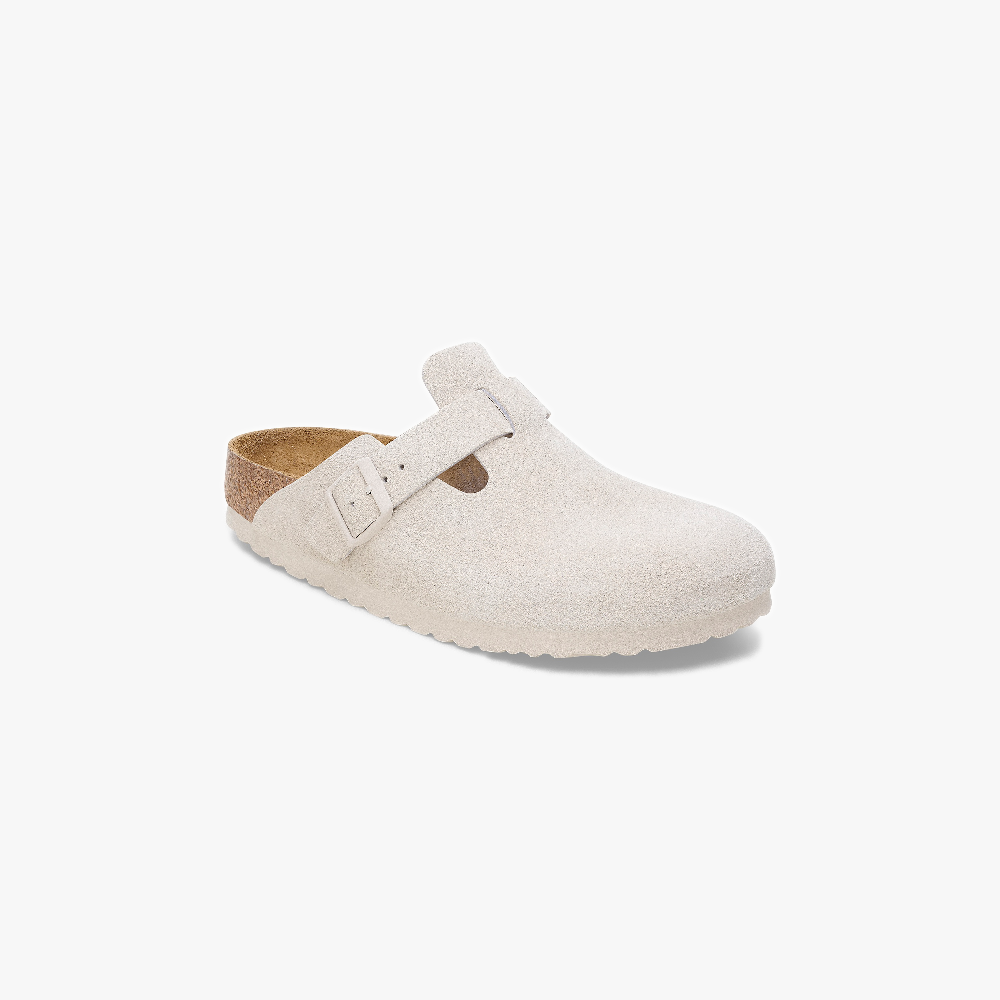 A single Birkenstock Boston SFB Suede clog in Antique White with an adjustable buckle, soft footbed, cork midsole, and textured rubber sole is shown against a white background.