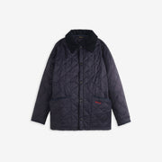 The Boys Liddesdale Quilted Jacket by Barbour features a dark blue, quilted design with a needlecord collar, two front pockets, and a buttoned closure set against a plain white background.