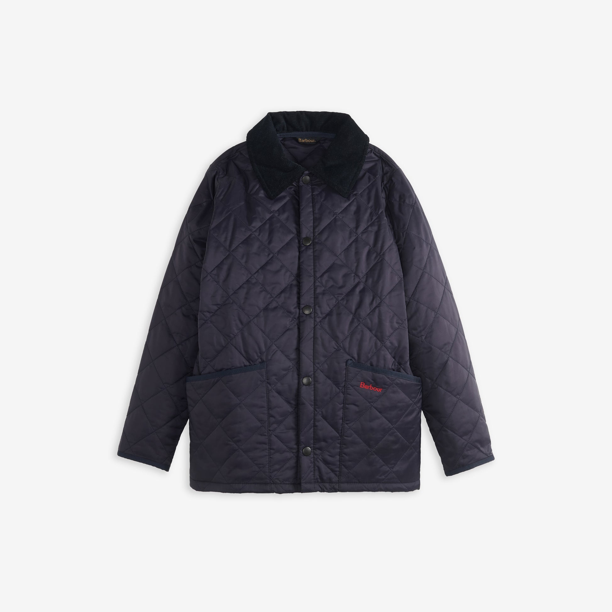 The Boys Liddesdale Quilted Jacket by Barbour features a dark blue, quilted design with a needlecord collar, two front pockets, and a buttoned closure set against a plain white background.