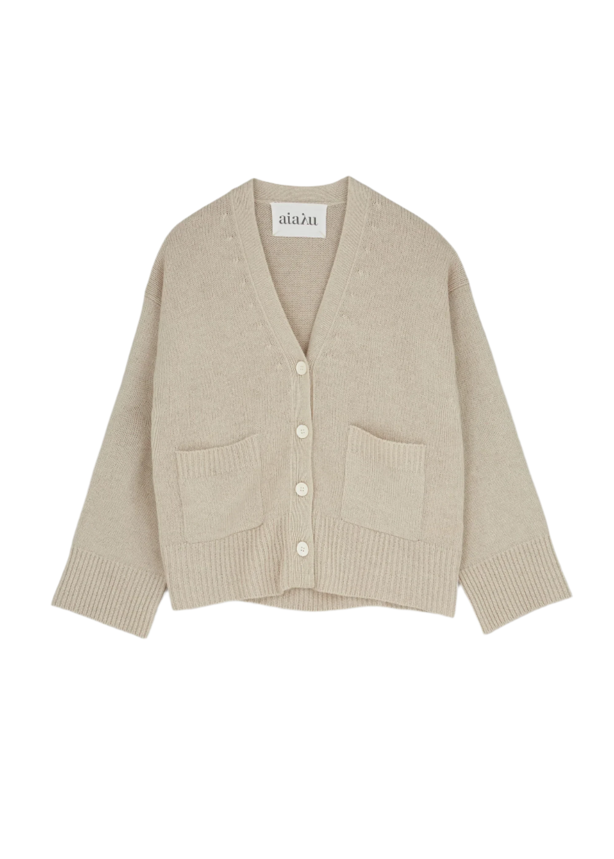 The Cora Cardigan by Aiayu is a beige, V-neck, button-up sweater featuring long sleeves, two front pockets, and ribbed cuffs.
