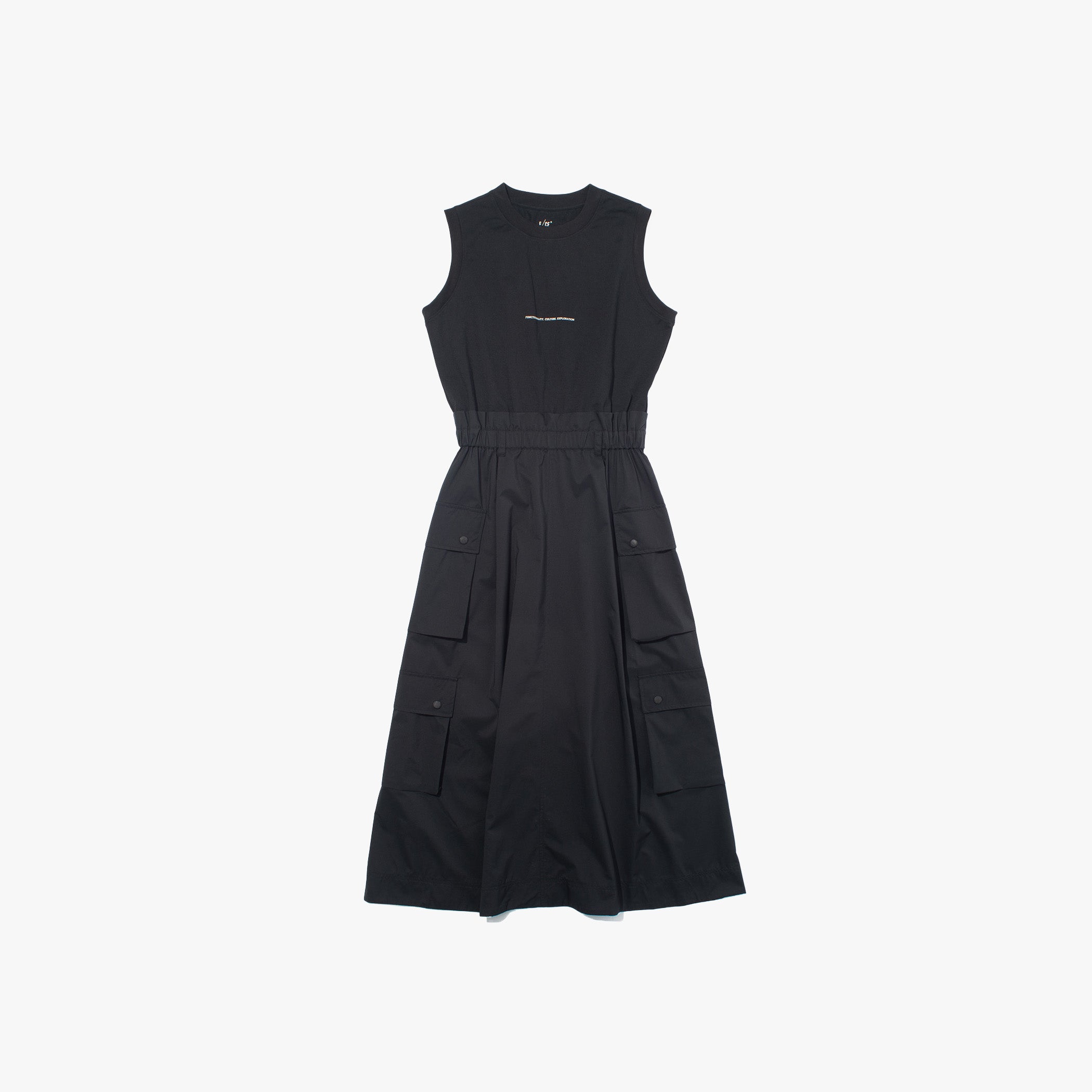 The F/CE Functional Switching Dress is a sleeveless black dress with a PERTEX 2.5-Layer waterproof skirt, elastic waistband, and multiple cargo pockets on both sides, shown against a plain white background.