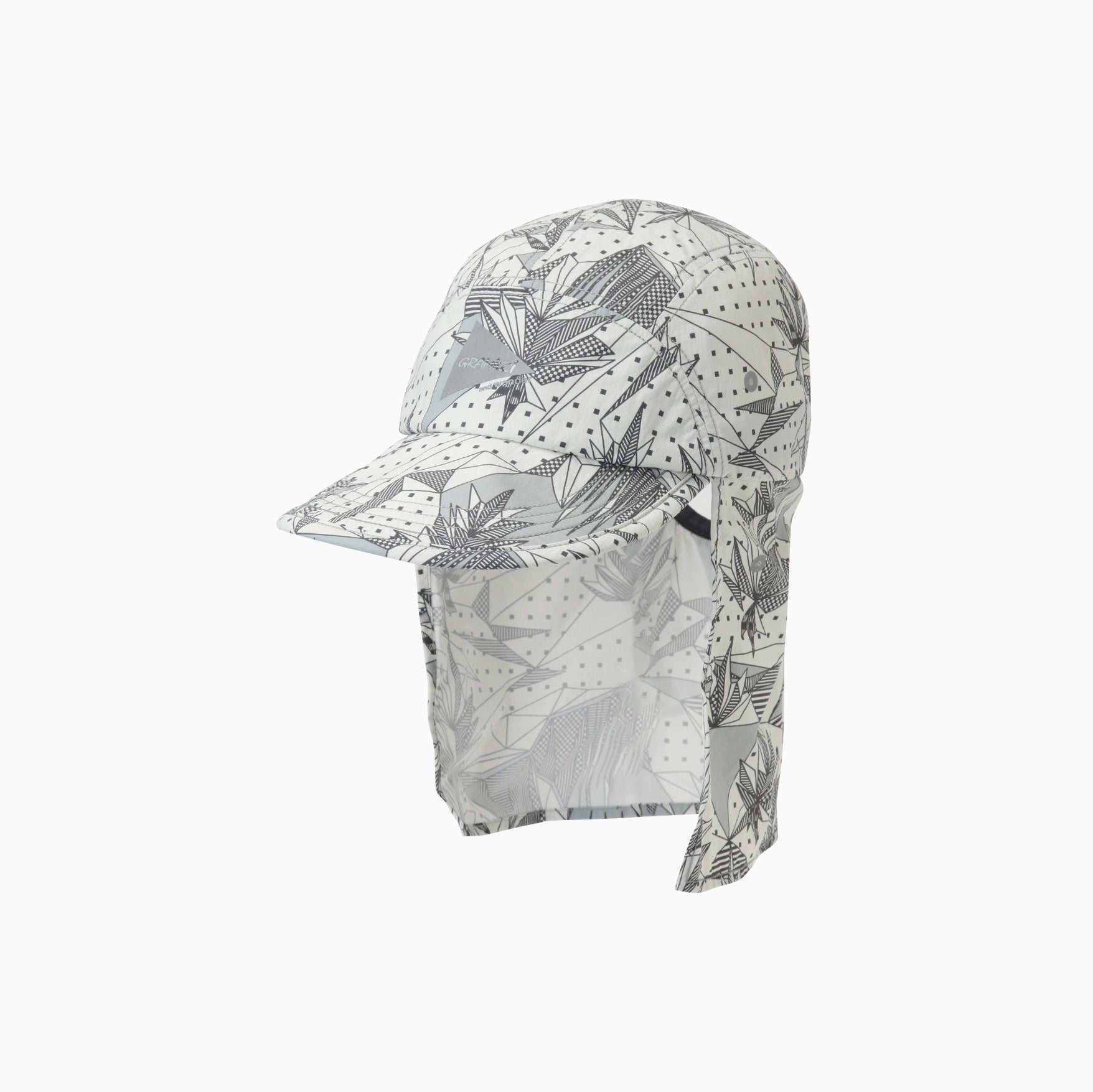 The Gramicci x And Wander Brushed Nylon Sunshade Cap features white and gray geometric and dotted patterns with a long neck flap for sun protection.