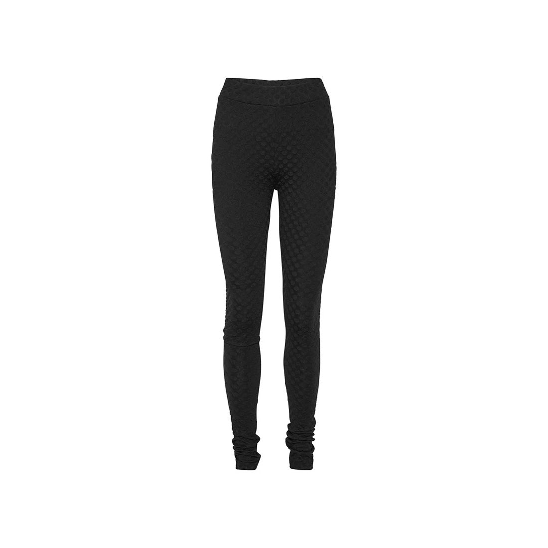 The Honey Leggings by Henrik Vibskov showcase a black high-waisted design, featuring a textured pattern and an elastic waistband, prominently displayed on a white background.