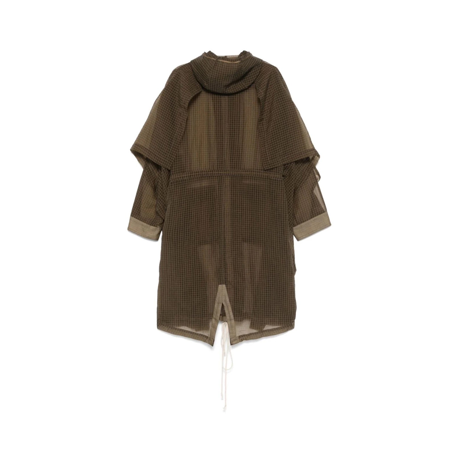 Henrik Vibskov's Uncut Parka features a military olive color, textured design, long sleeves, drawstring hem, and layered shoulders. It is displayed on a hanger against a white background.
